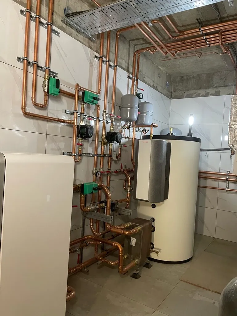 Southgate project — mechanical plant room, heat pump cylinder