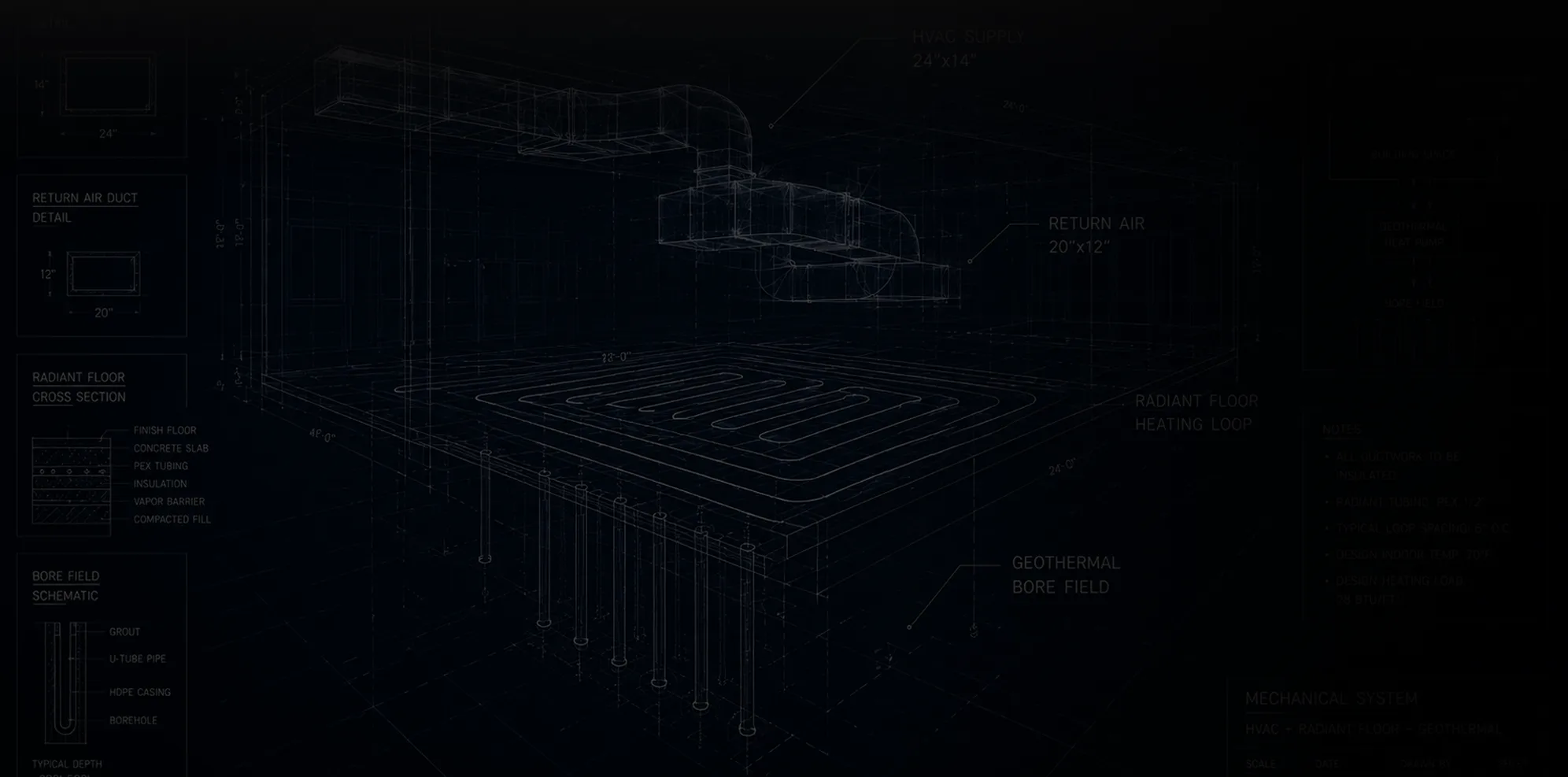Mechanical system drawing showing HVAC ducts, radiant floor loops and a geothermal bore field