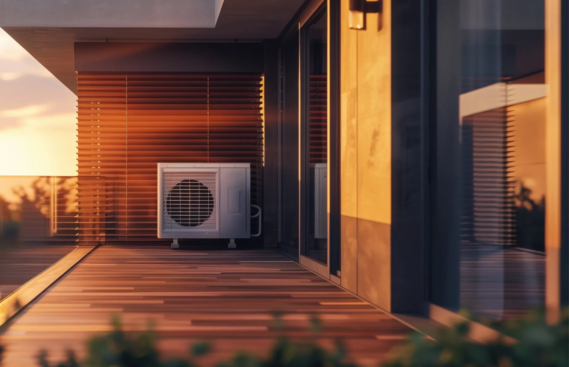 Heat pump unit on a timber deck at sunset