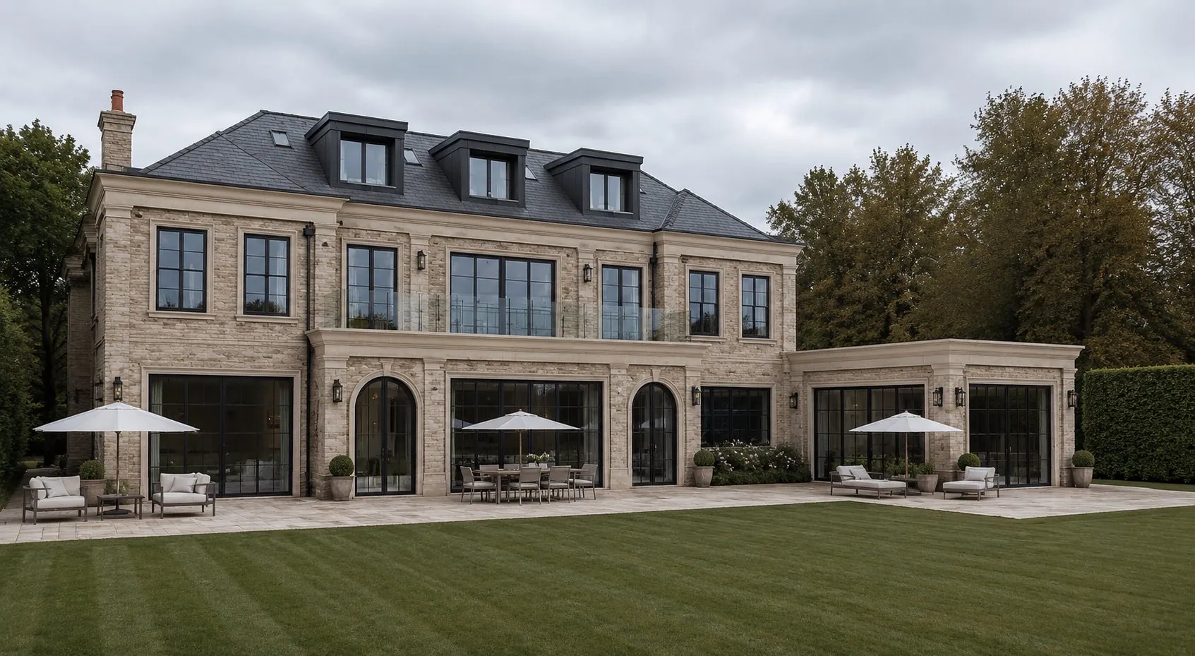 Large stone-clad house with terrace and lawn