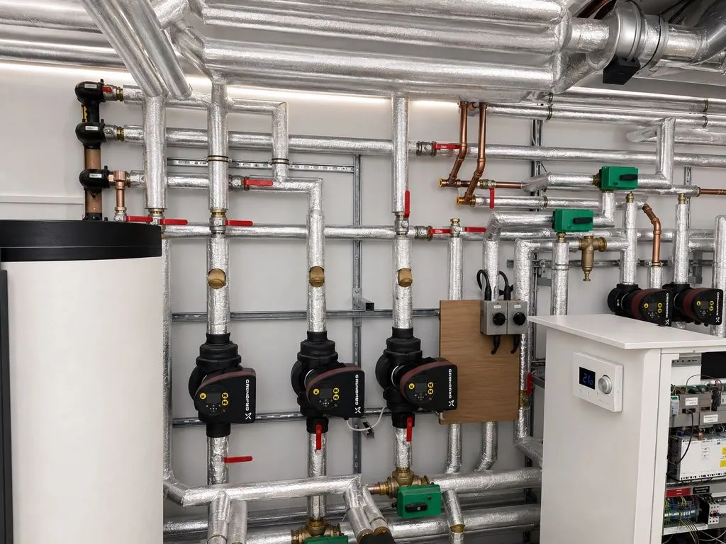 Sevenoaks project - mechanical room pipework and circulator pumps