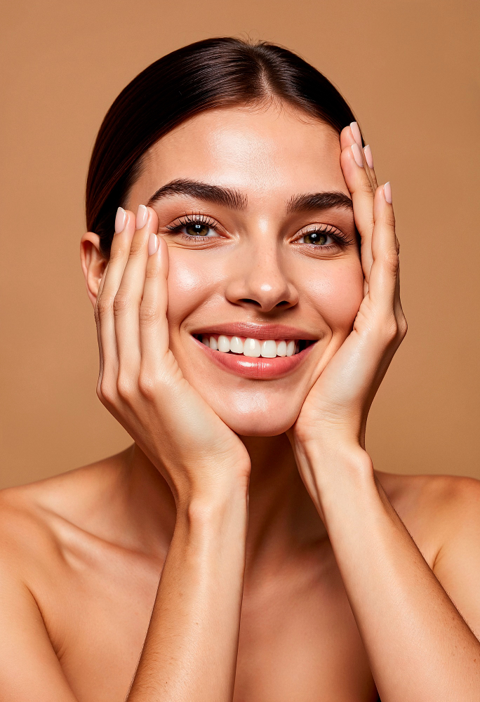 Smiling woman with clean glowing skin holding her cheeks with both hands against beige background.