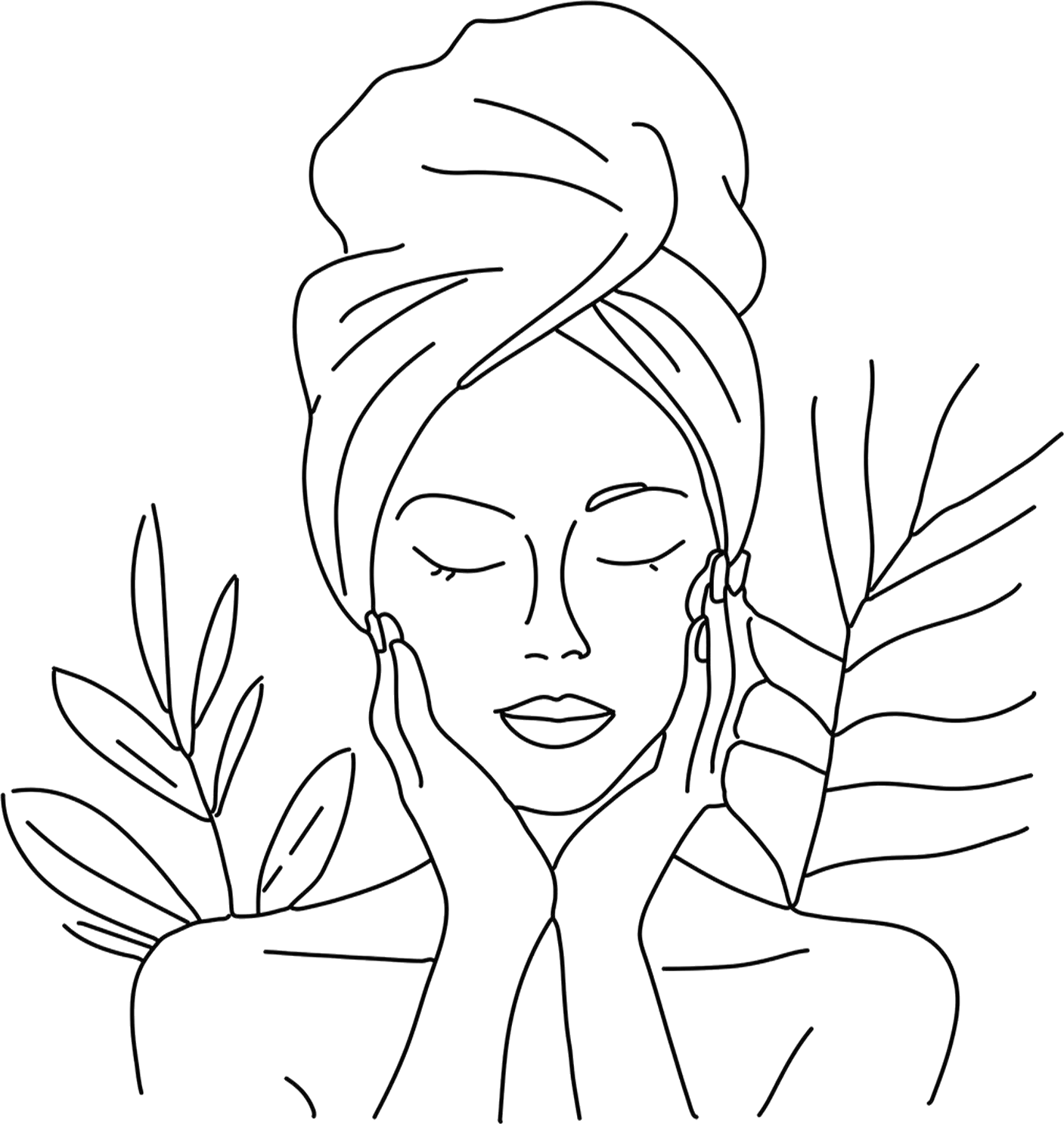 Minimalist one-line drawing of a woman with eyes closed, hands on face, and hair wrapped in a towel.
