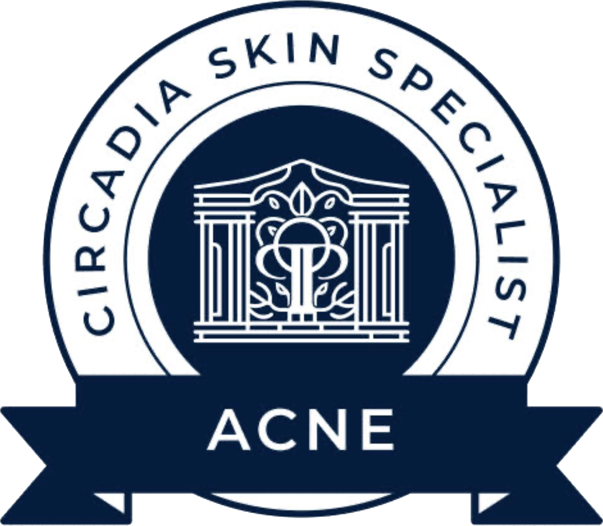 Circle with a building icon and text CIRCARDIA SKIN SPECIALIST and ACNE on a ribbon below.