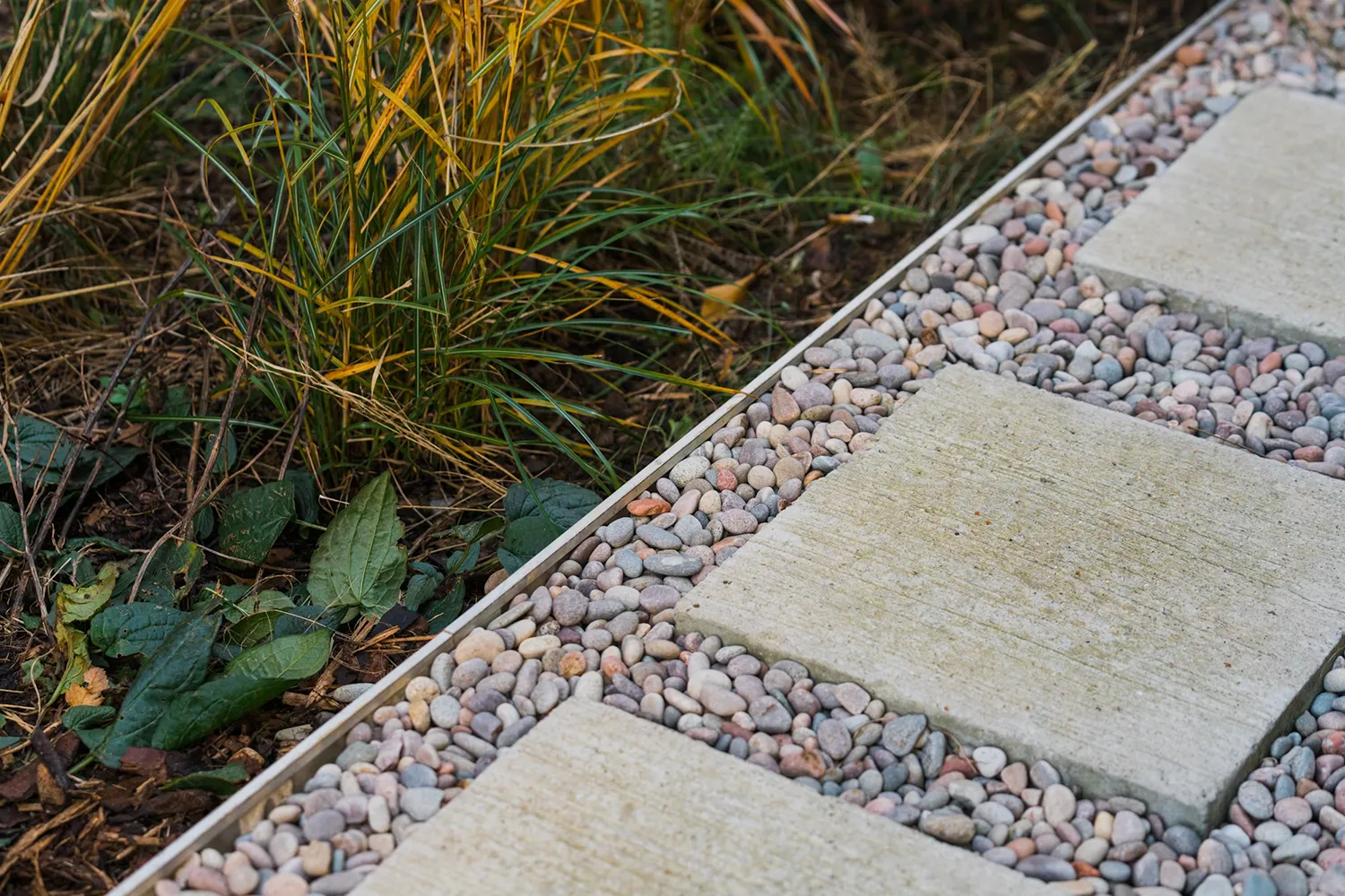 Concrete stepping stones set in small multicolored pebbles next to green and yellow grass.