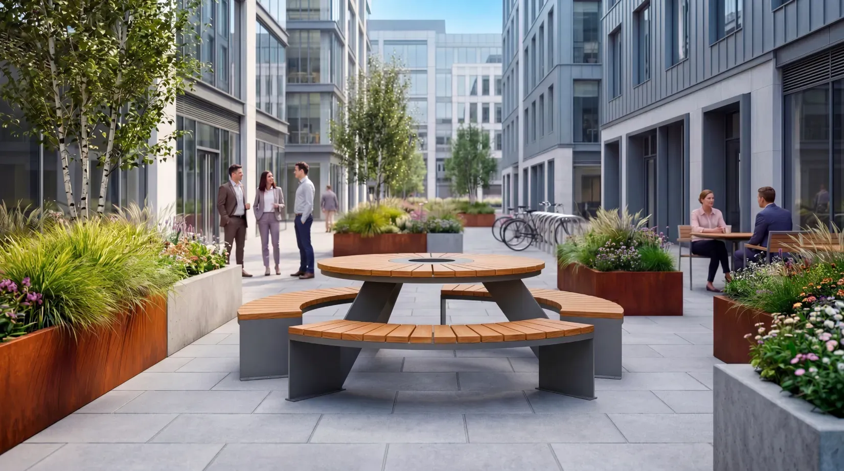 Modern outdoor courtyard with round wooden picnic table, planters, and people talking and sitting.