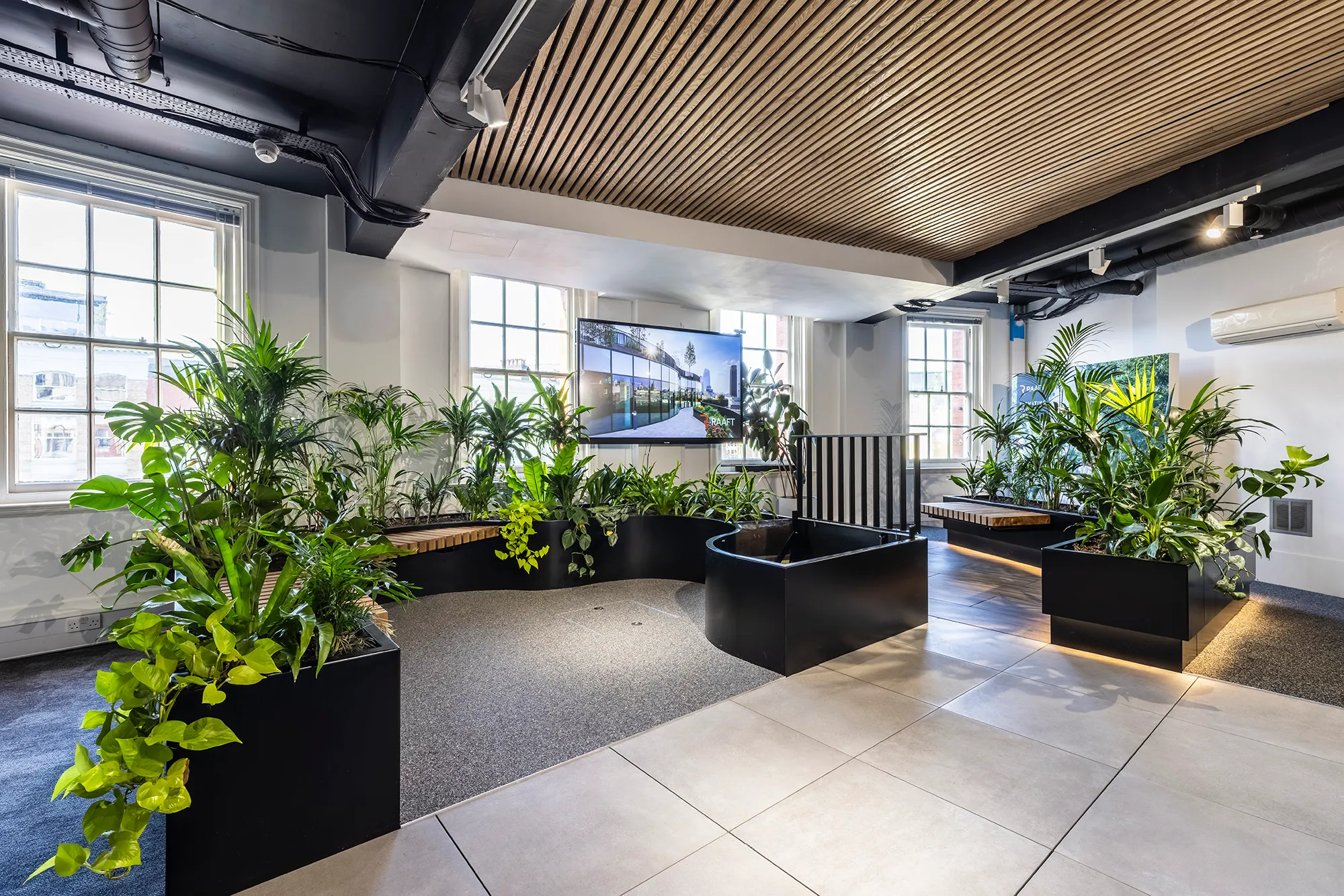 Modern indoor space with large potted plants, wooden benches, and a screen on the wall.