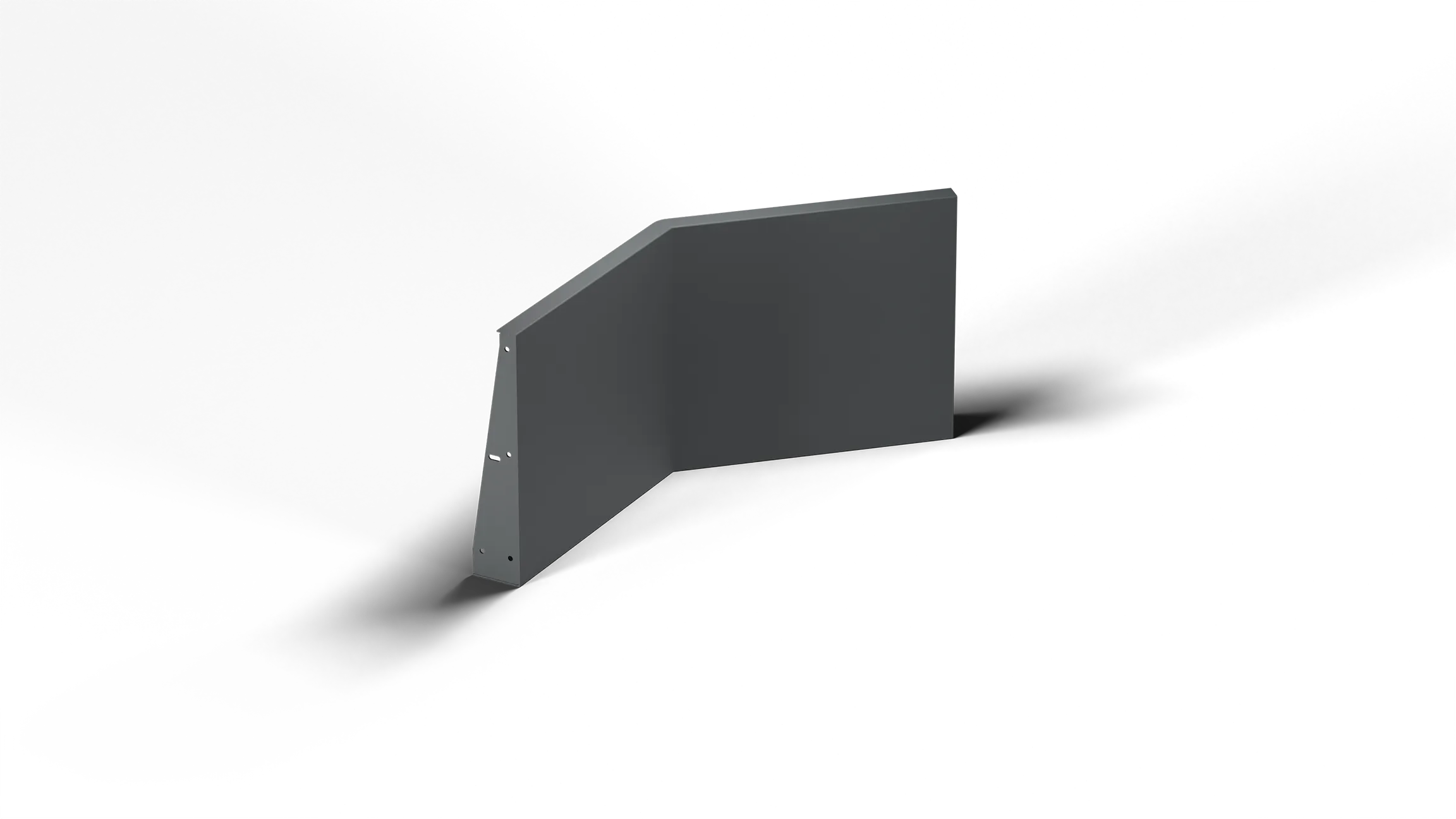 Grey metal bracket with angled joint and multiple screw holes on black background.