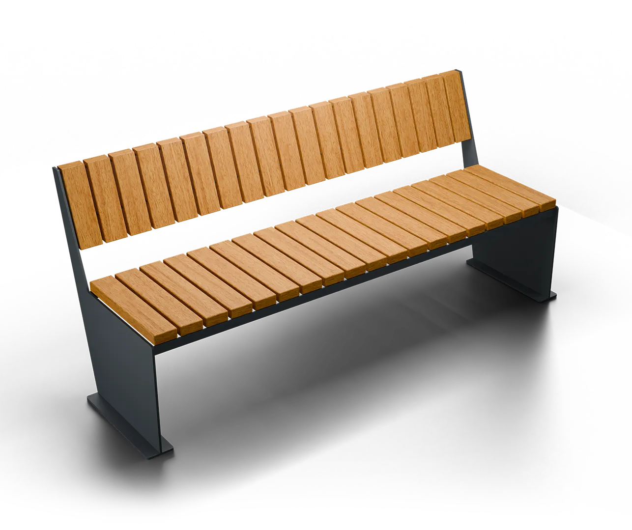 Wood slat bench with black metal legs and back support on a solid black background.