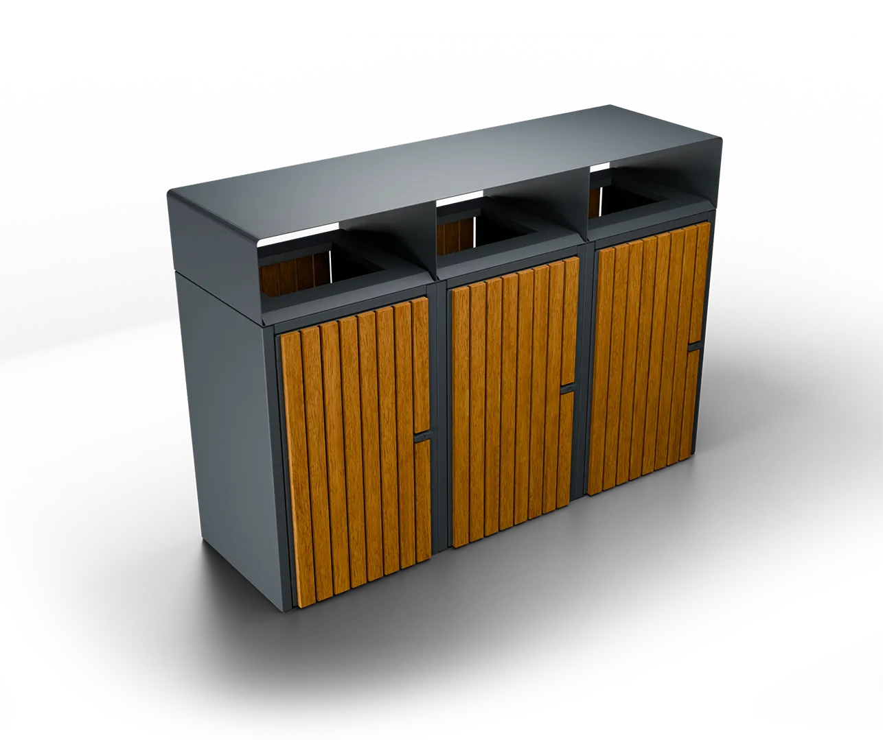 Modern triple recycling bin with wood panel doors and dark gray metal frame on black background.