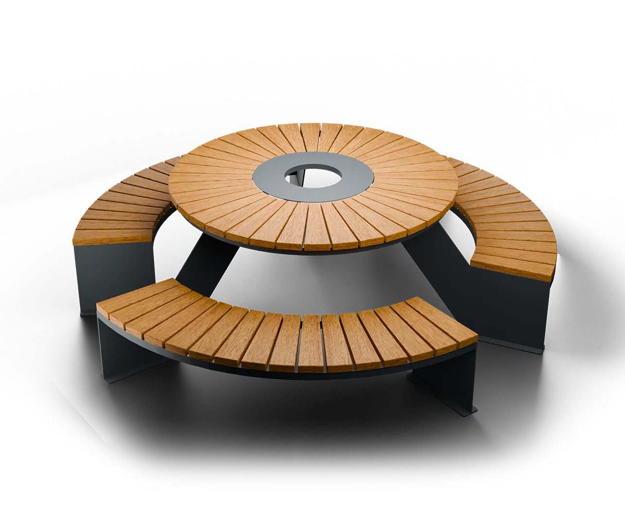 Round wooden outdoor bench with a central hole, supported by black metal legs.