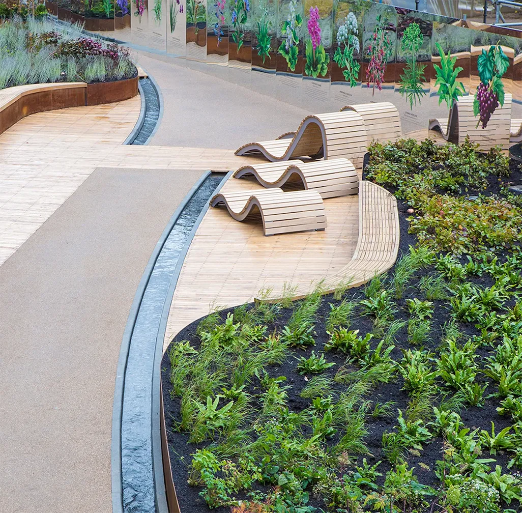 Modern curved wooden benches next to a flowing water channel and plants in an outdoor garden area.