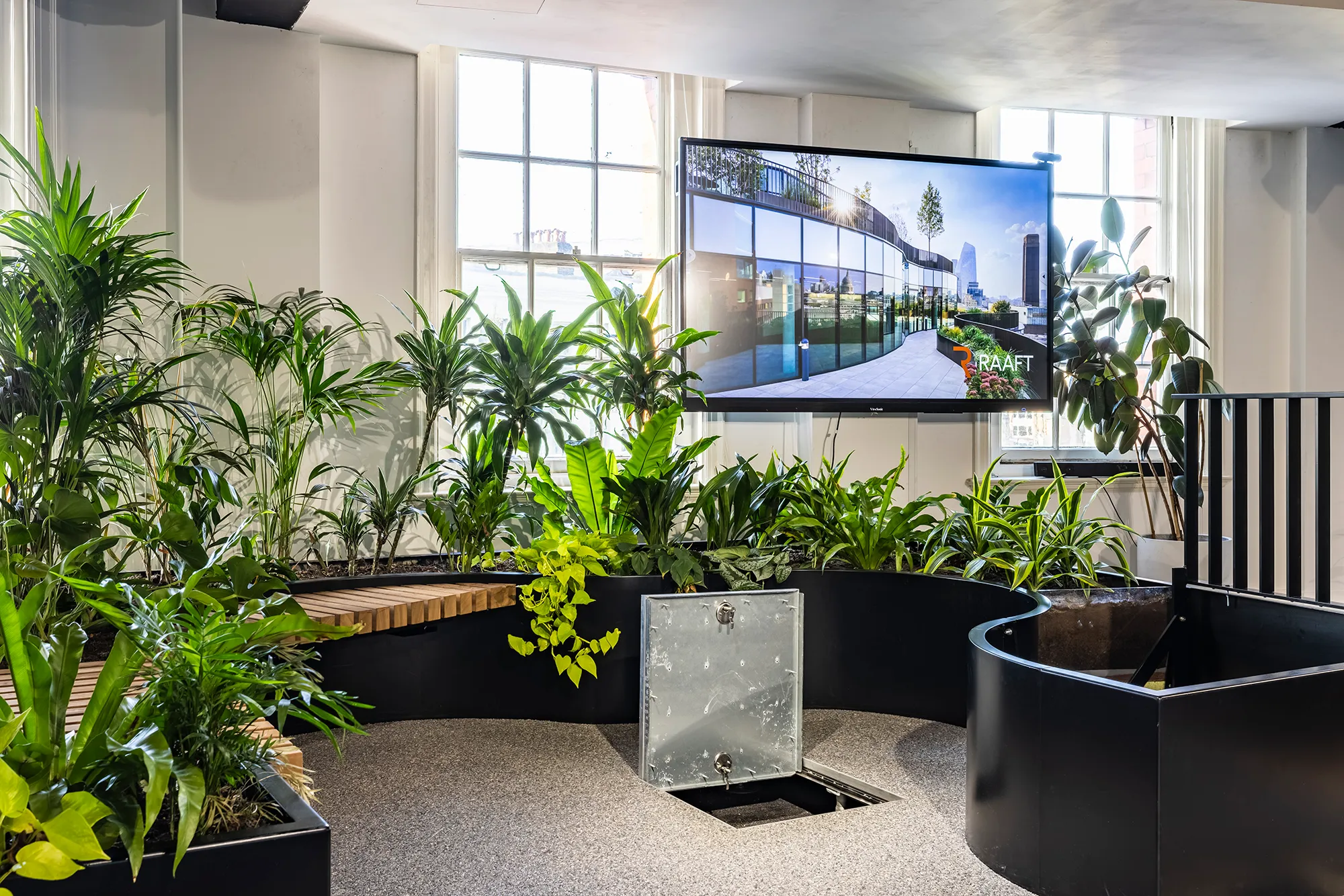 Modern indoor planter with green plants around a bench and a screen showing a terrace view in a bright room.