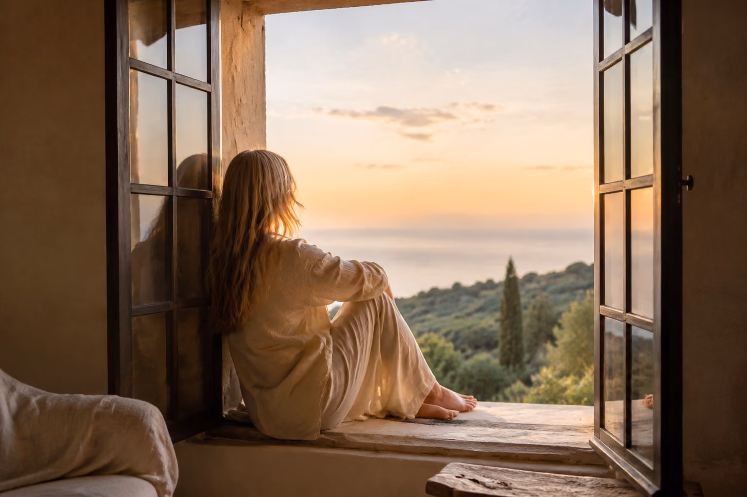 Personne assise sur un rebord de fenêtre regardant le coucher du soleil sur une vallée verte.
