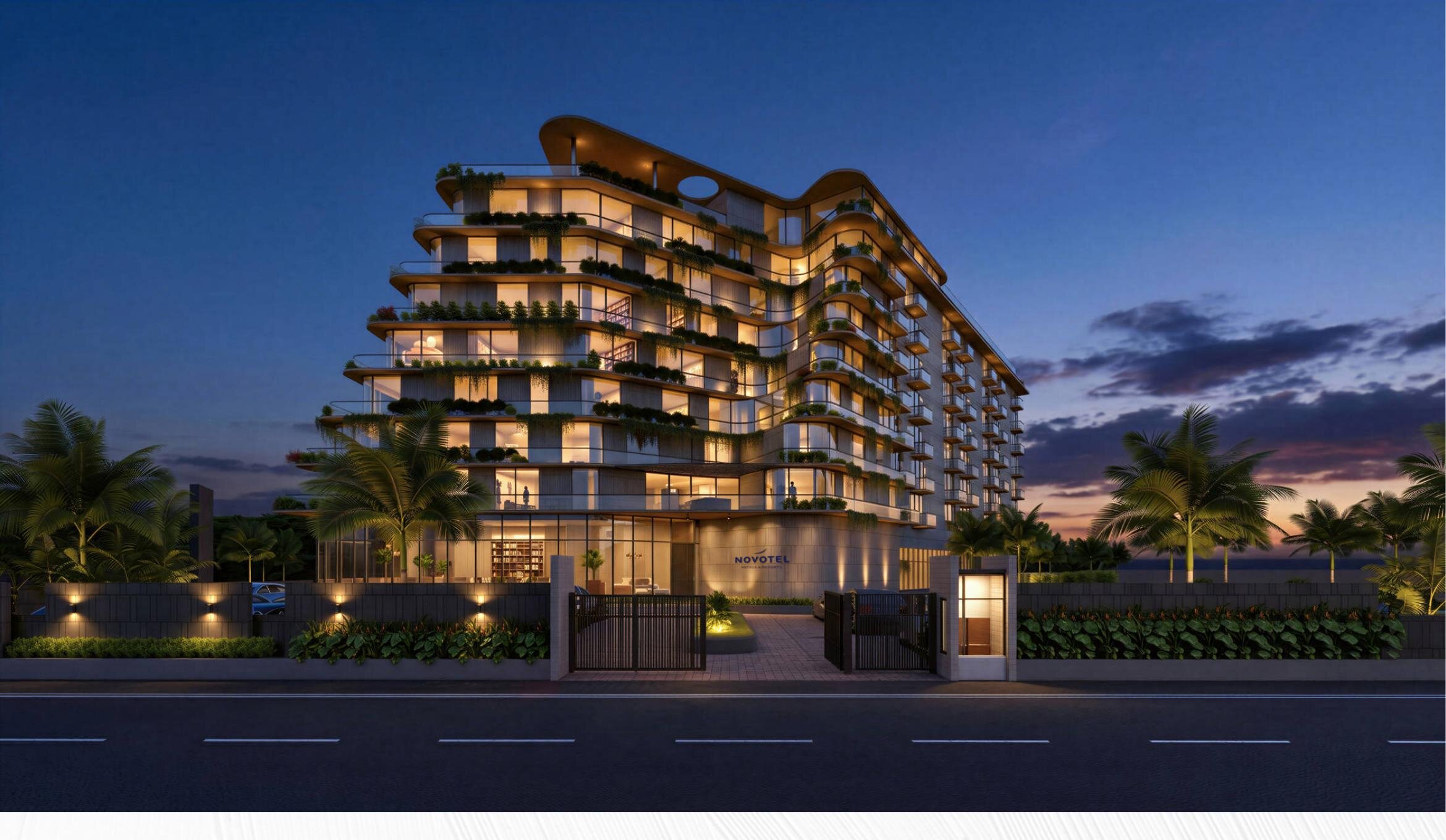 Novotel-branded hotel entrance at dusk, part of the Infinite Hills development