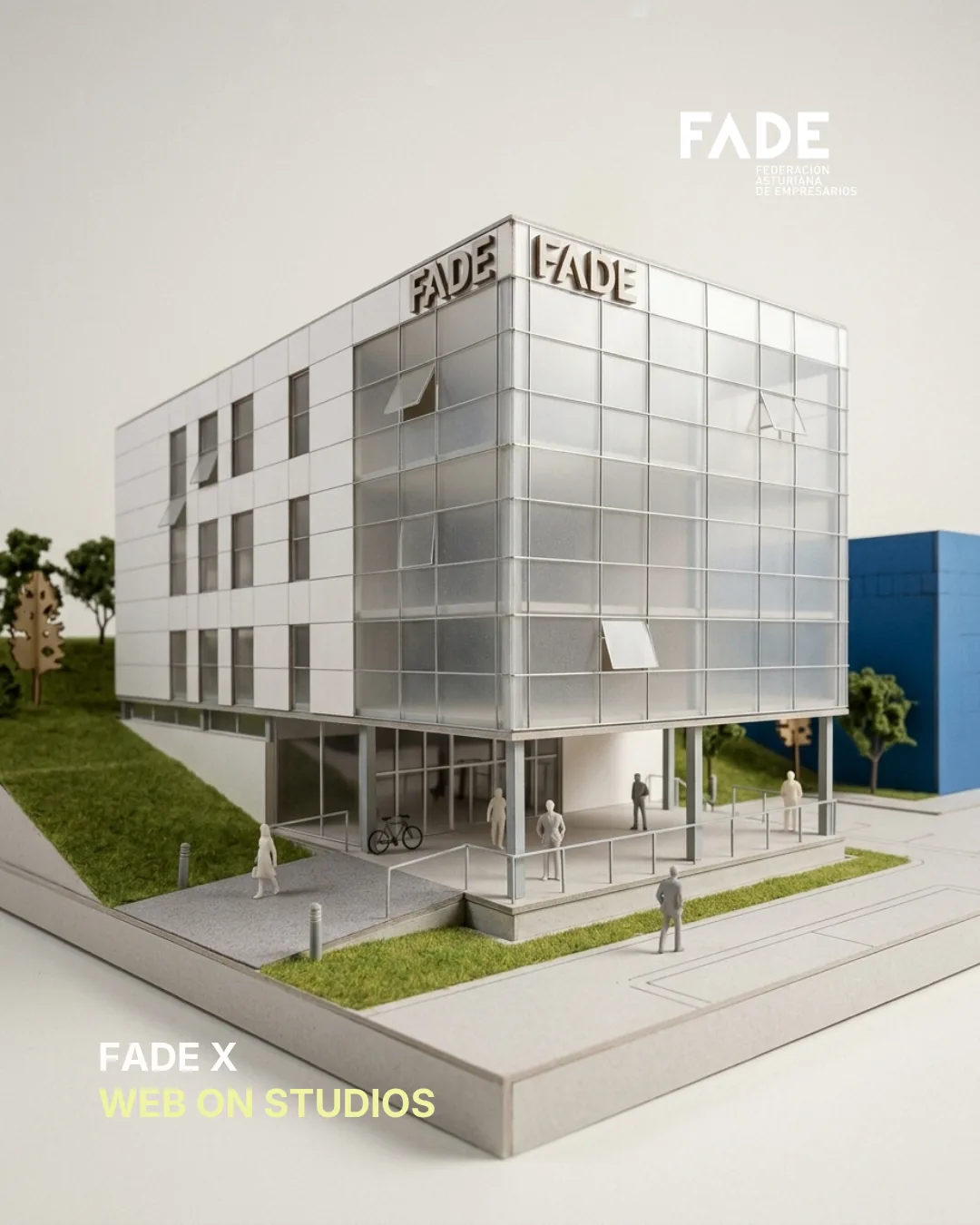 Portada del caso FADE con el render del edificio de la sede