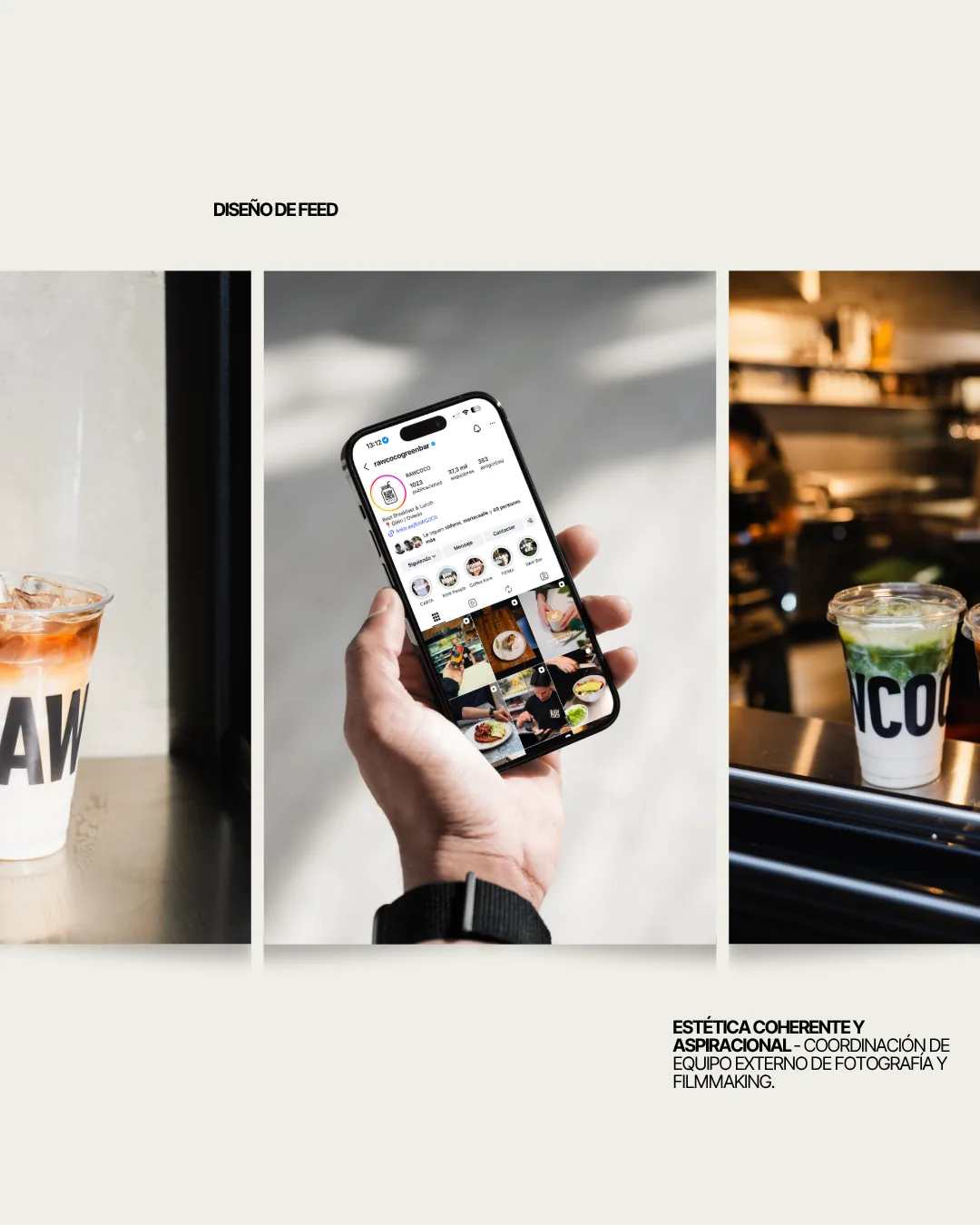 Diseño del feed de Instagram de Rawcoco en el móvil