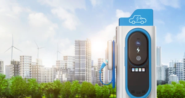 Colonnina di ricarica e sullo sfondo smart city