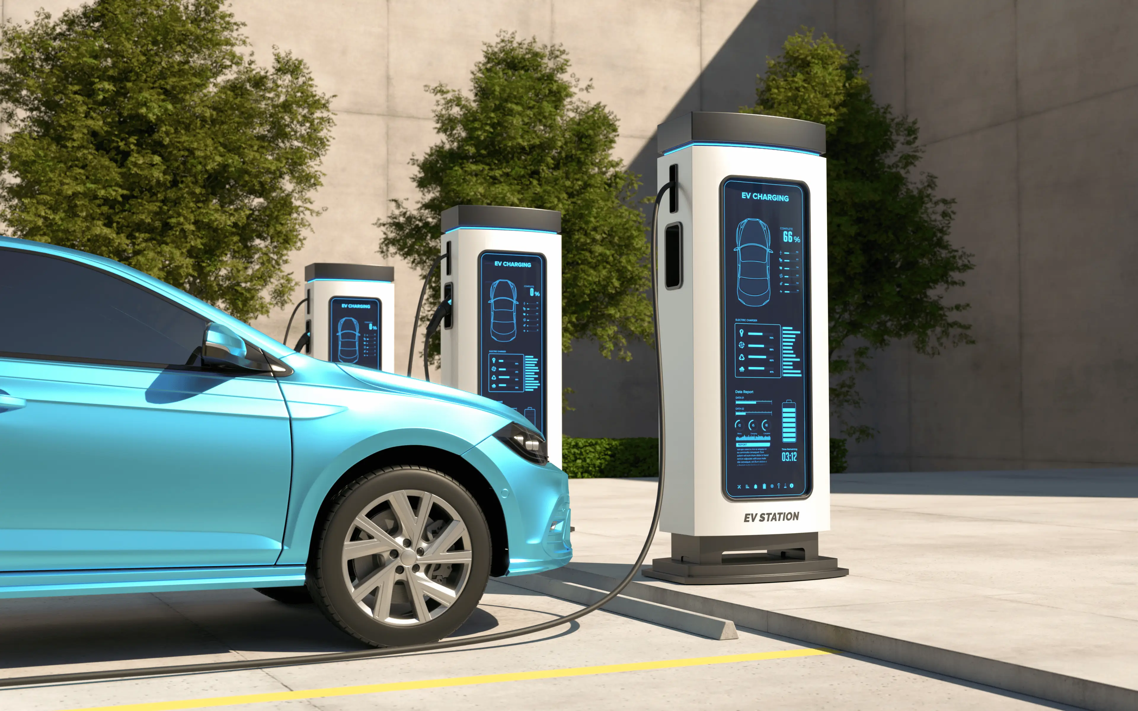 Auto elettrica in carica all'interno di parcheggio aziendale con colonnine elettriche