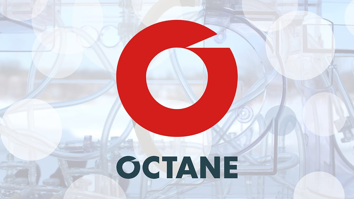 Red circular Octane logo above the word 'OCTANE' in dark blue on a background of translucent tubes and abstract light circles.