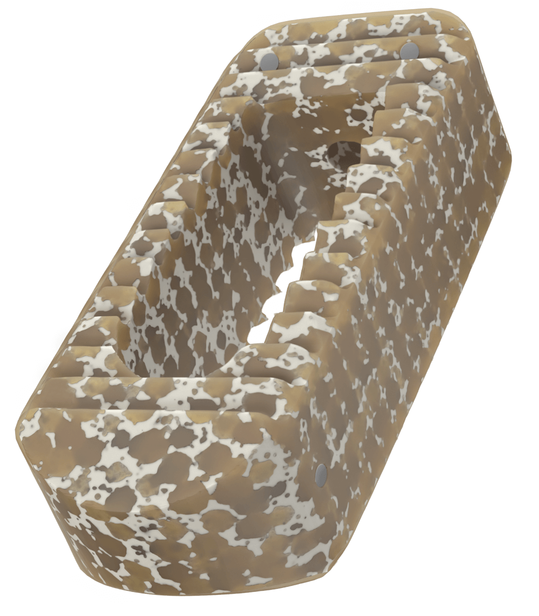 Rendering of an Octane Exo spinal implant showing its porous biocomposite structure and central opening.