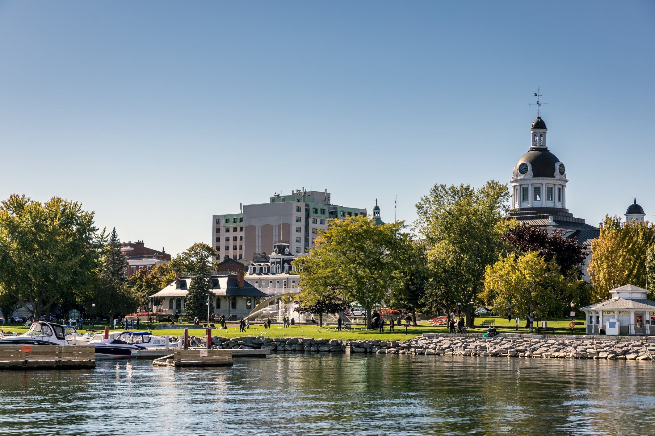 Waterfront in Kingston, Ontario, with the domed City Hall in the background.