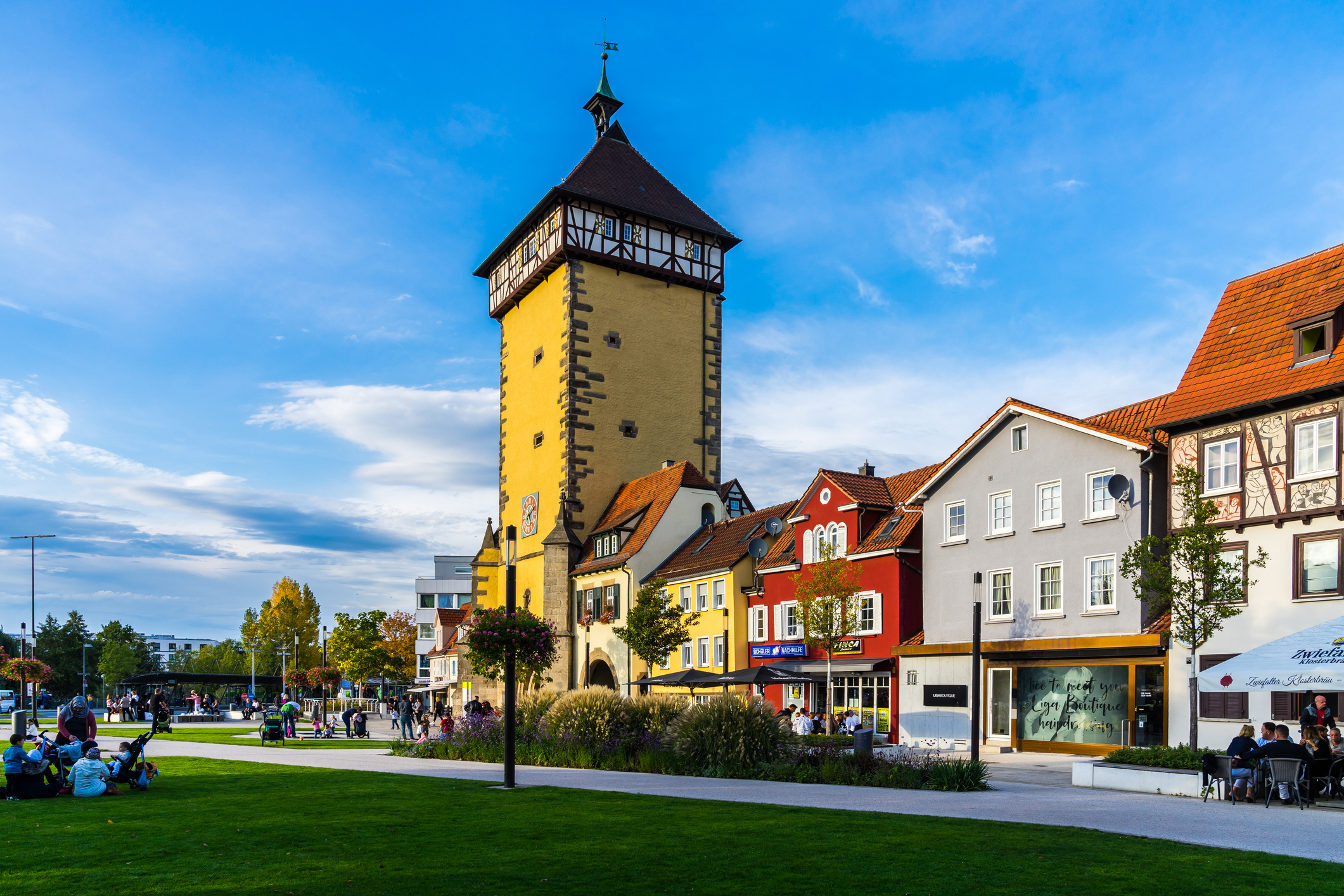 Historic gate tower and old town buildings in Reutlingen, Germany.