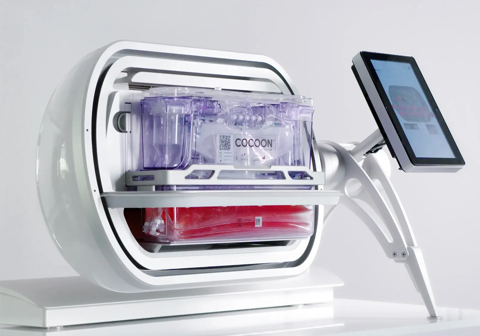 Cocoon Platform instrument with a cassette loaded and a touchscreen on an adjustable arm.