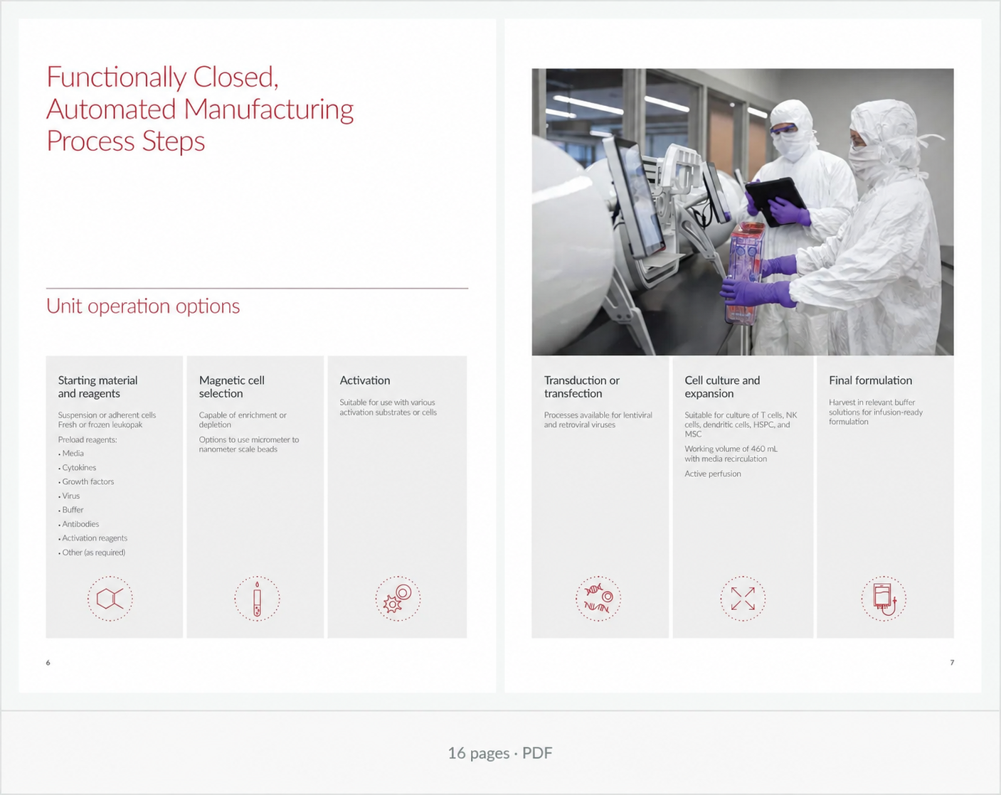 Preview of the Cocoon brochure showing automated manufacturing process steps, technical information and cleanroom operators.