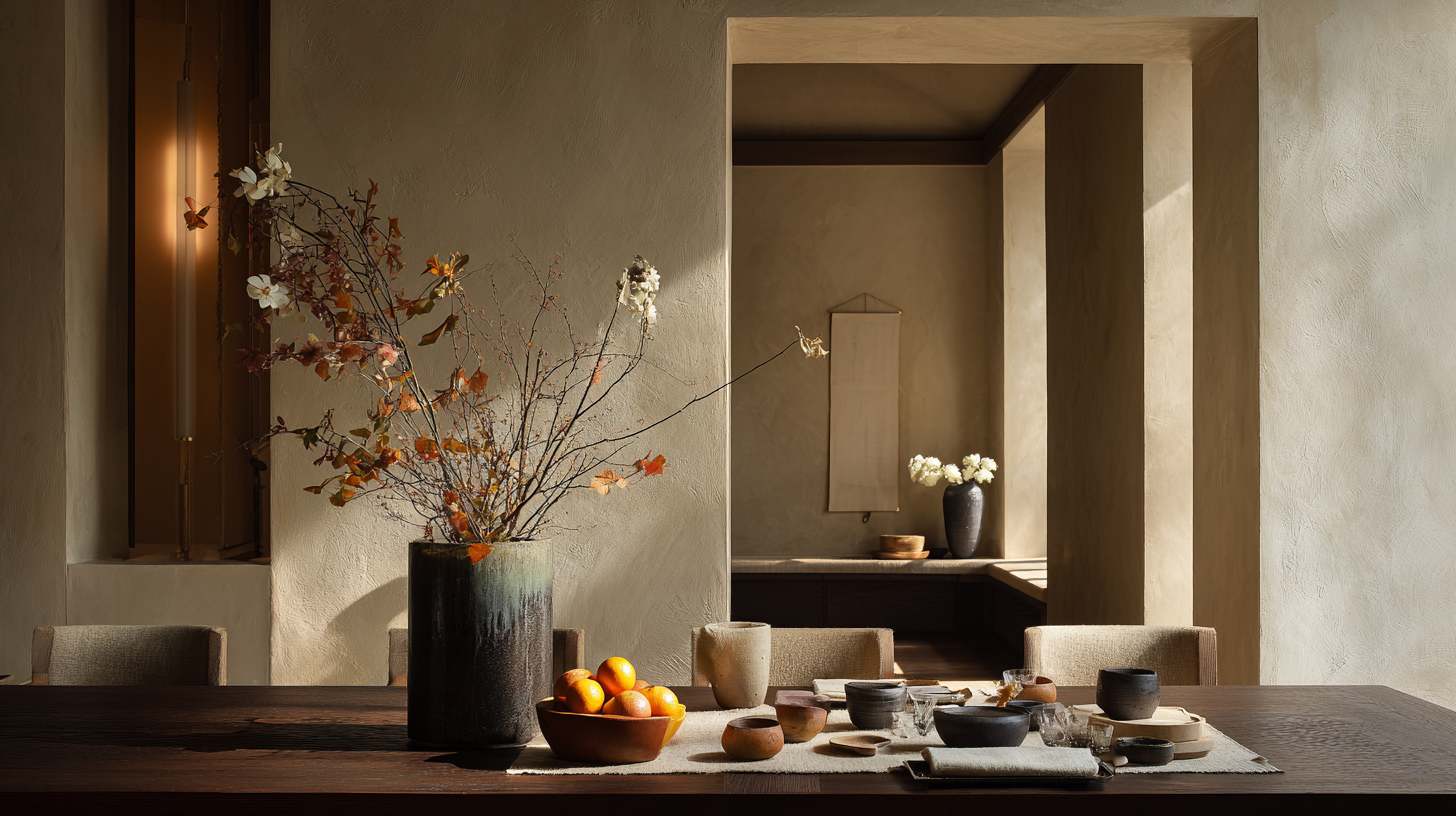 Minimalist dining table with ceramic bowls, a bowl of oranges, and a vase of dried flowers.