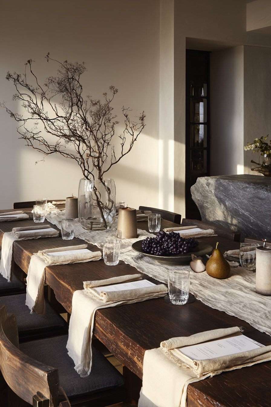 Rustic wooden dining table set with beige napkins, glassware, dried branches, grapes, and a pear.