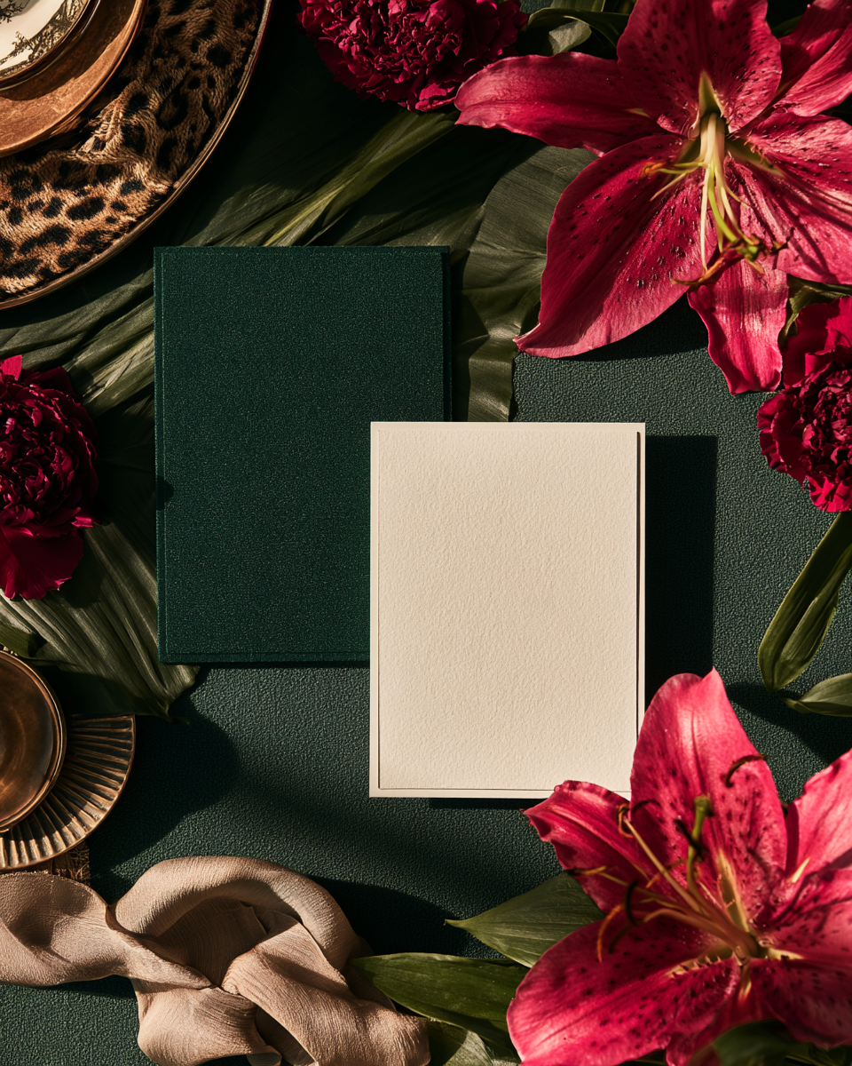 Blank cream card on dark green textured surface surrounded by pink lilies, dark red flowers, and silk ribbon.