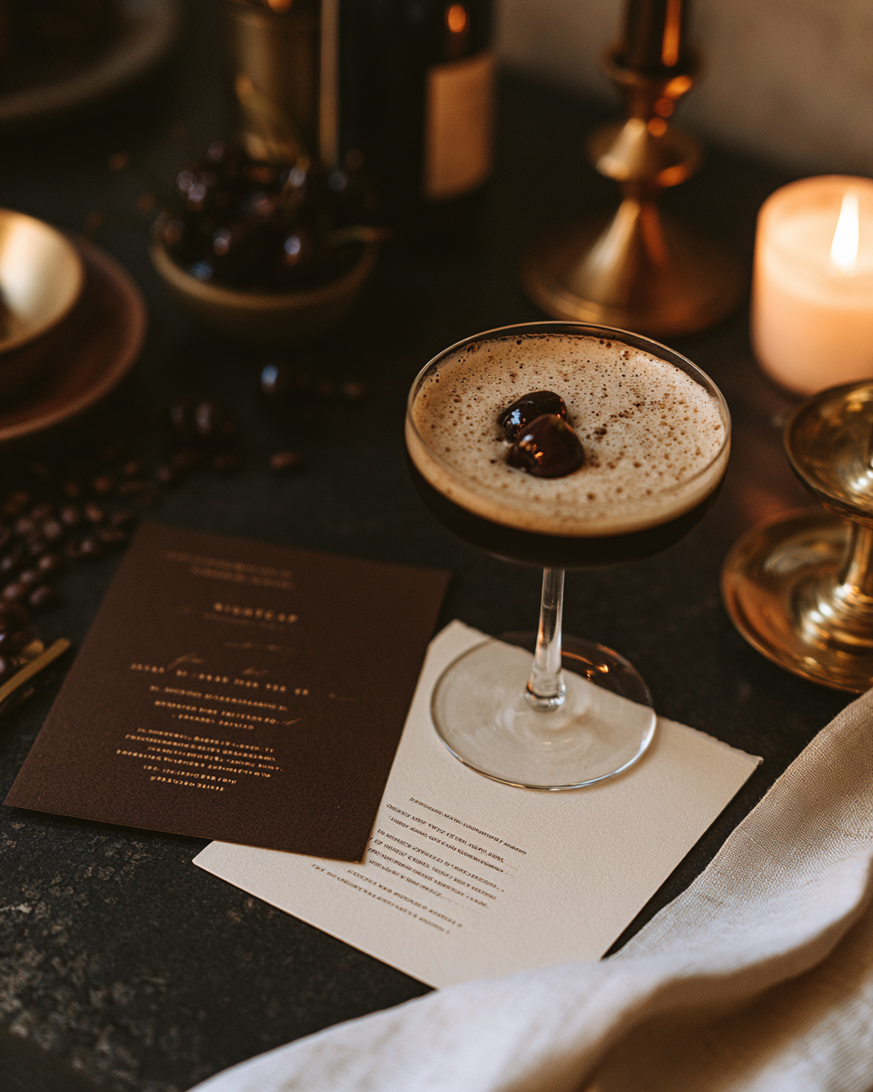 Cocktail glass with two cherries on foam beside menus and candle on dark table.