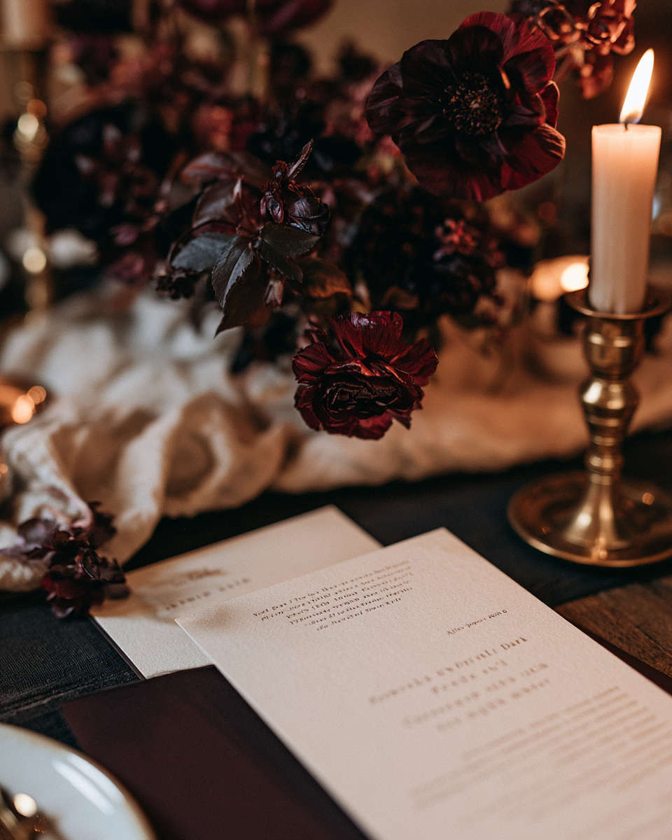 Wedding invitation card on table with dark red flowers and lit candle in brass holder.