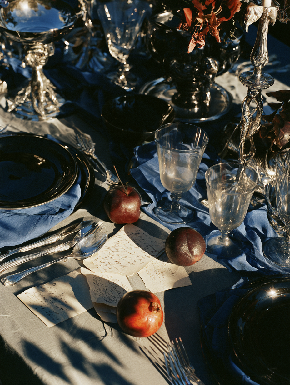 Elegant table setting with blue napkins, silver cutlery, glassware, red fruits, and handwritten notes.