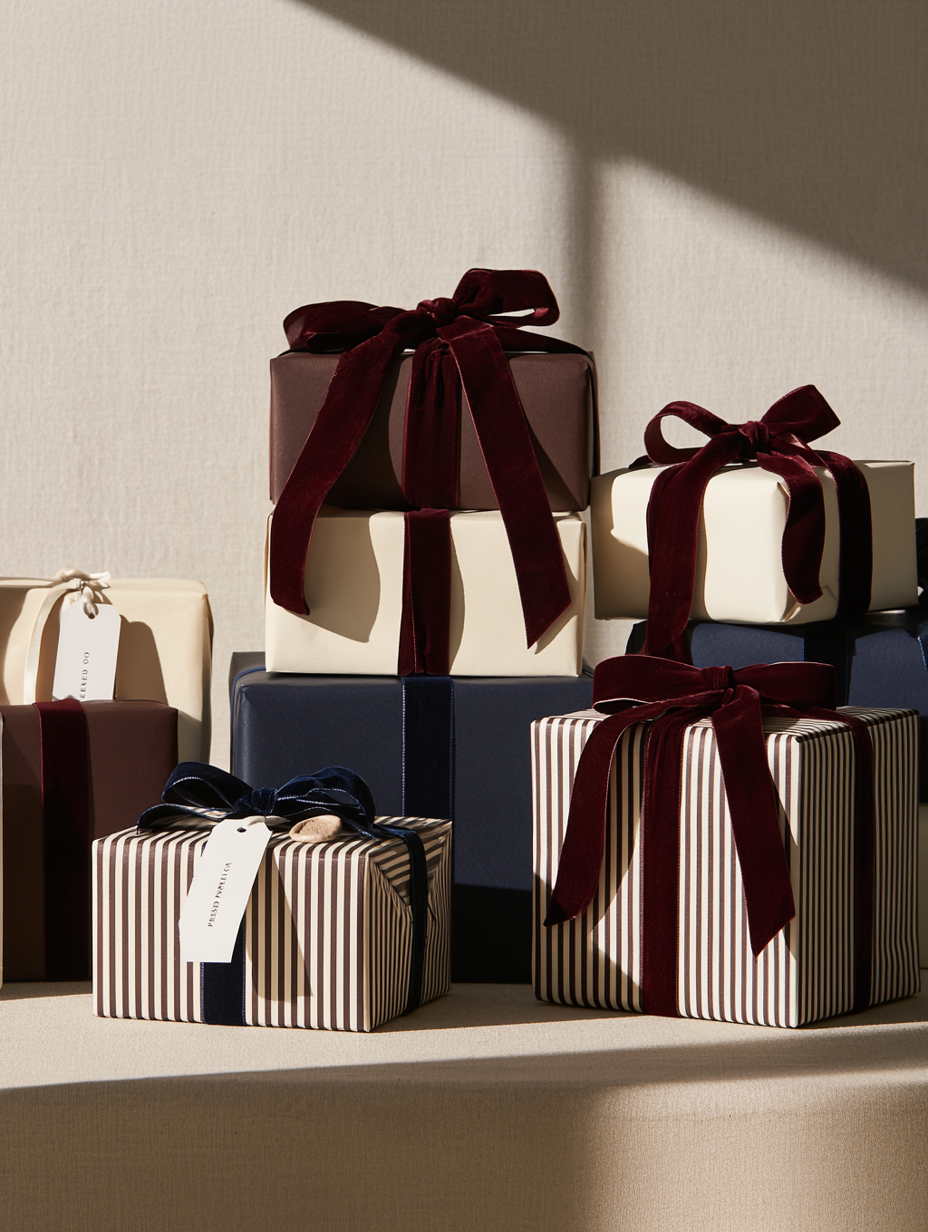 Stack of gift boxes wrapped in cream, navy, and striped paper with velvet ribbons in burgundy and navy.