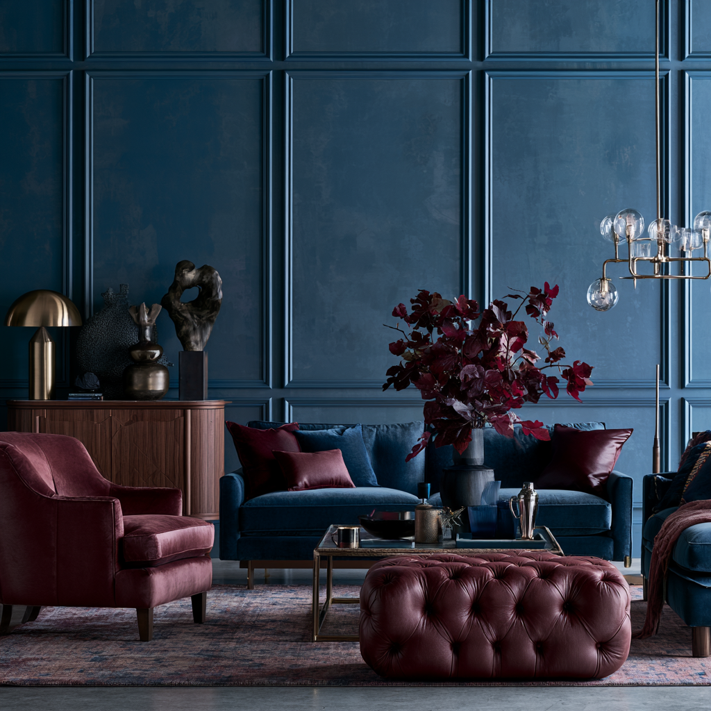Elegant living room with blue paneled walls, velvet navy sofa, burgundy chair, and tufted ottoman.