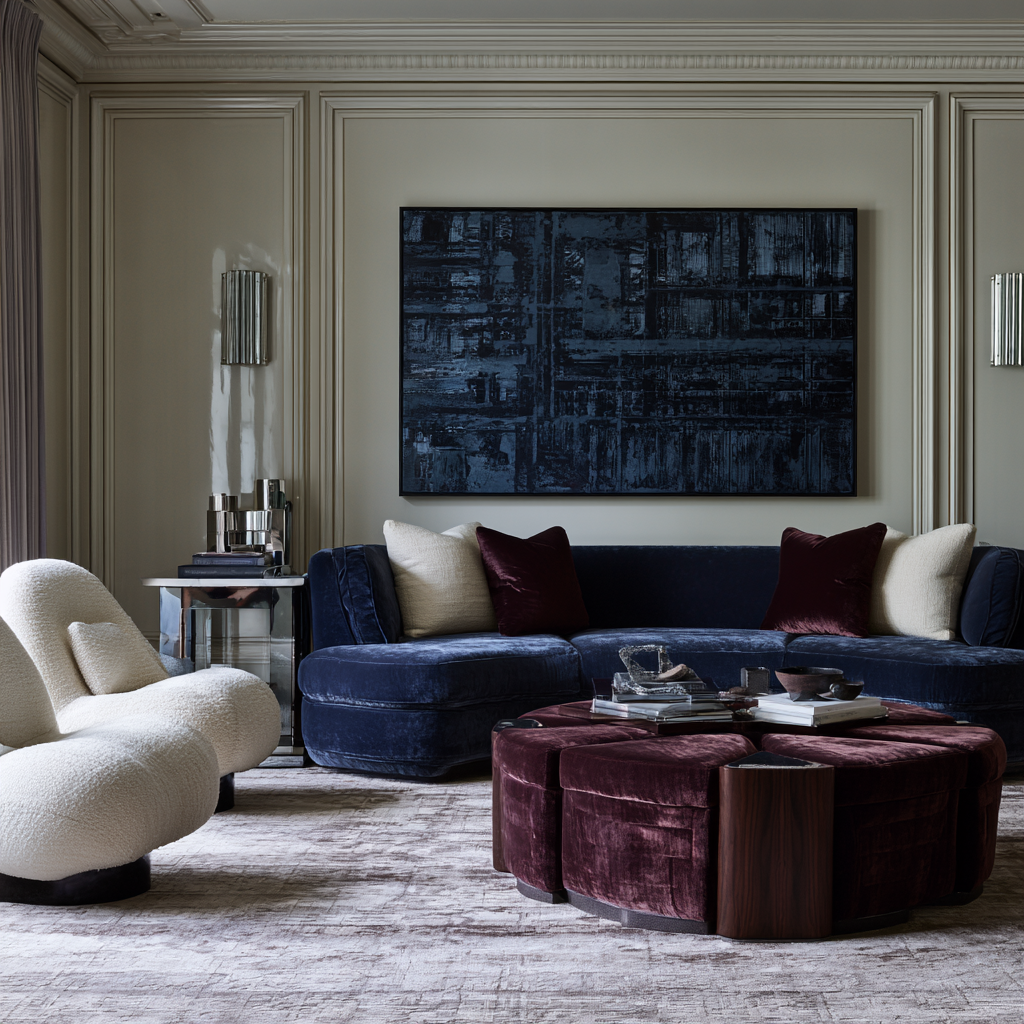 Elegant living room with a curved navy velvet sofa, white bouclé chair, and maroon round ottoman.