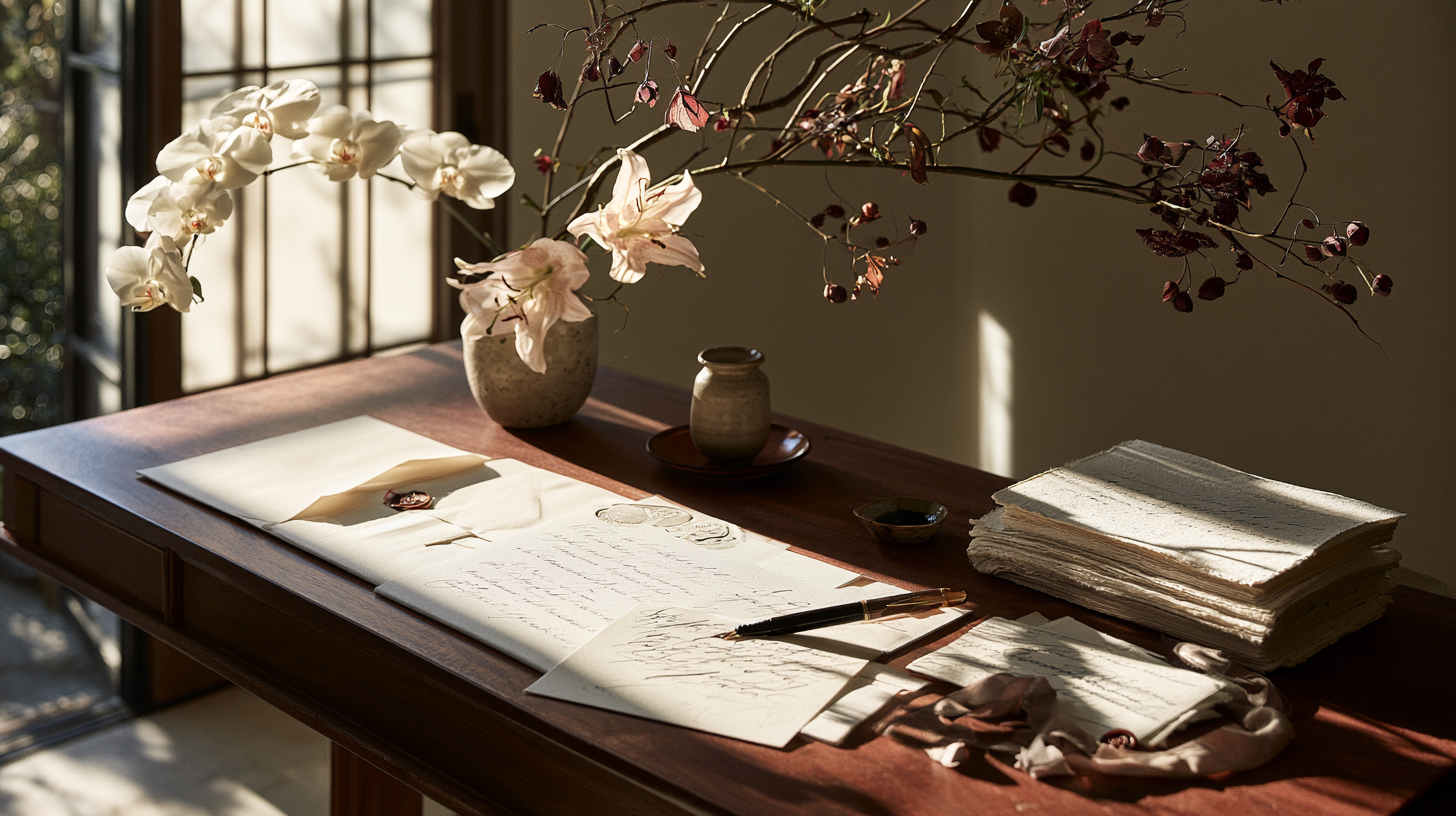 Wooden desk with handwritten letters, pen, ceramic vase with flowers, and stack of paper in sunlight.