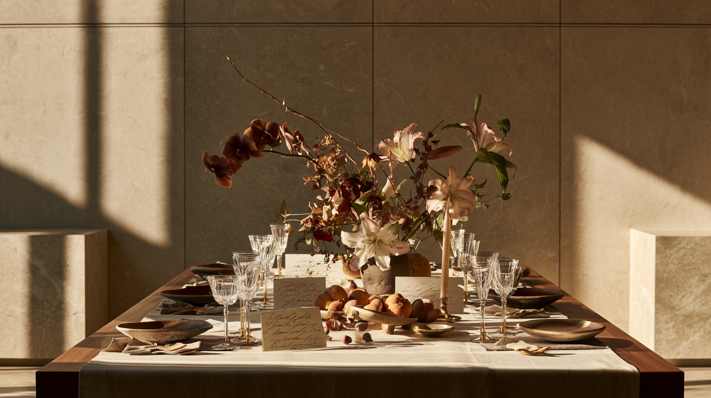 Elegant dining table with floral centerpiece, candles, place cards, and glassware in warm natural light.