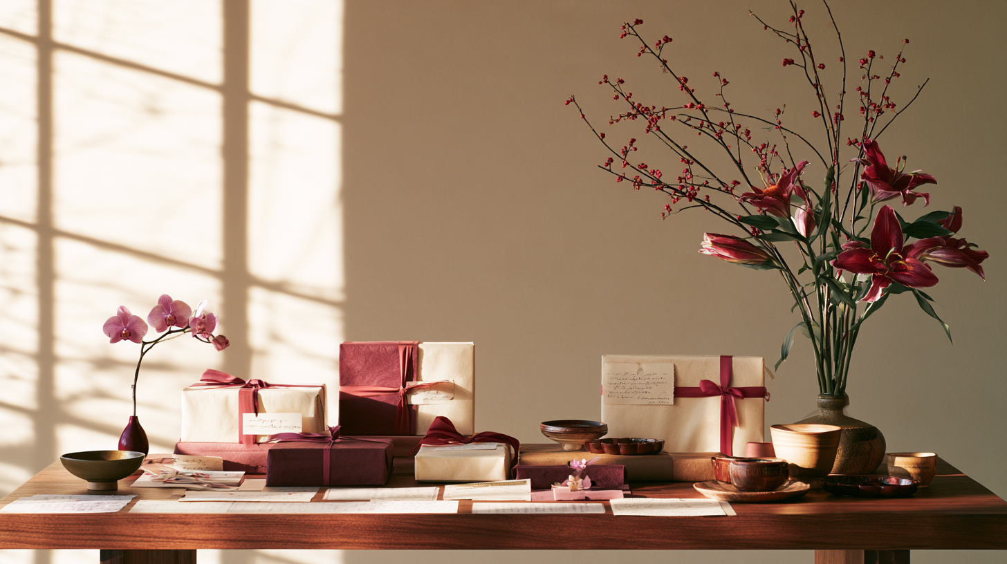 Table with wrapped gifts, wooden bowls, and pink flowers in vases under soft window light.