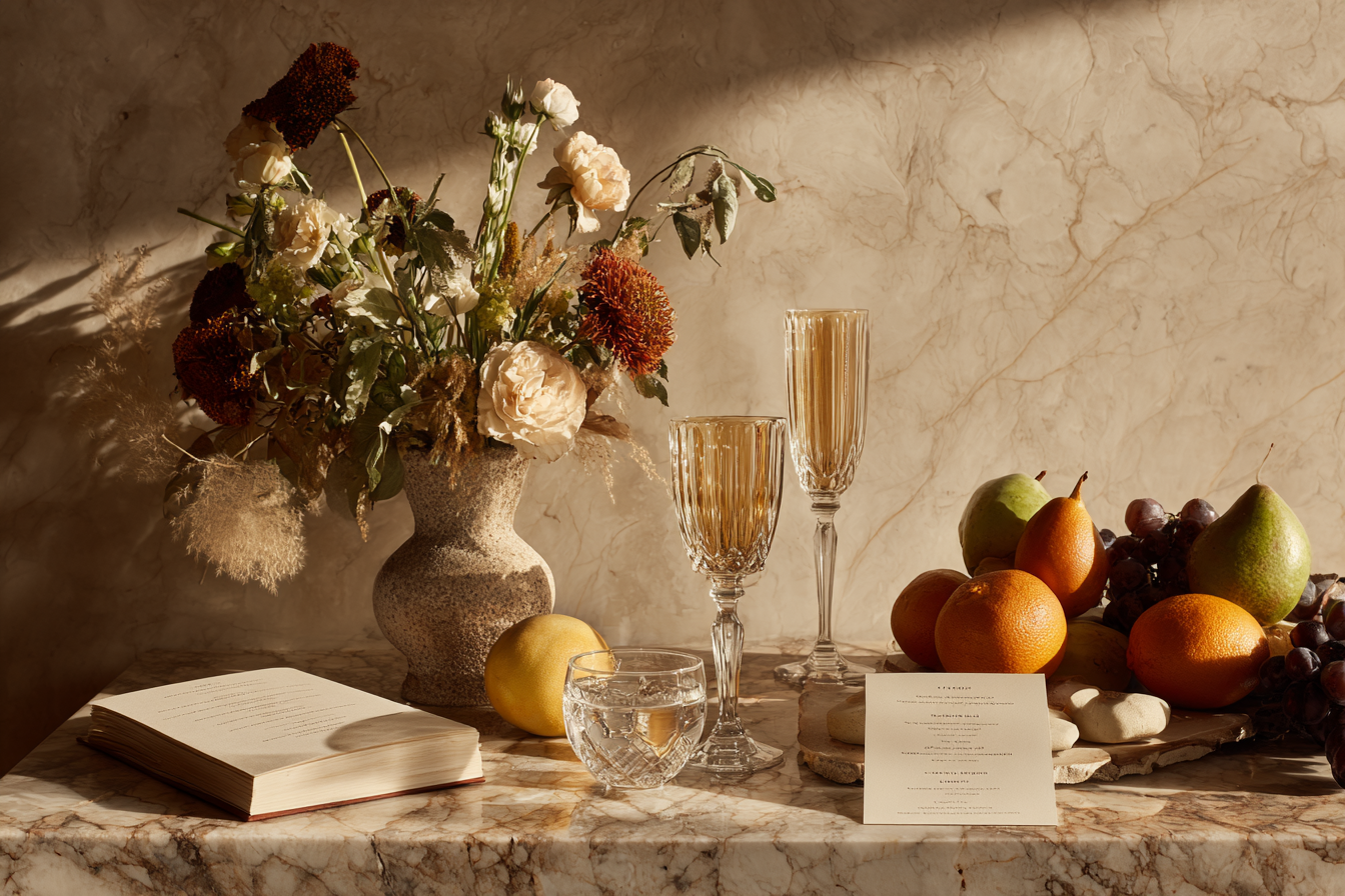 Marble table with vase of flowers, two crystal glasses, fruits, an open book, and a menu card.