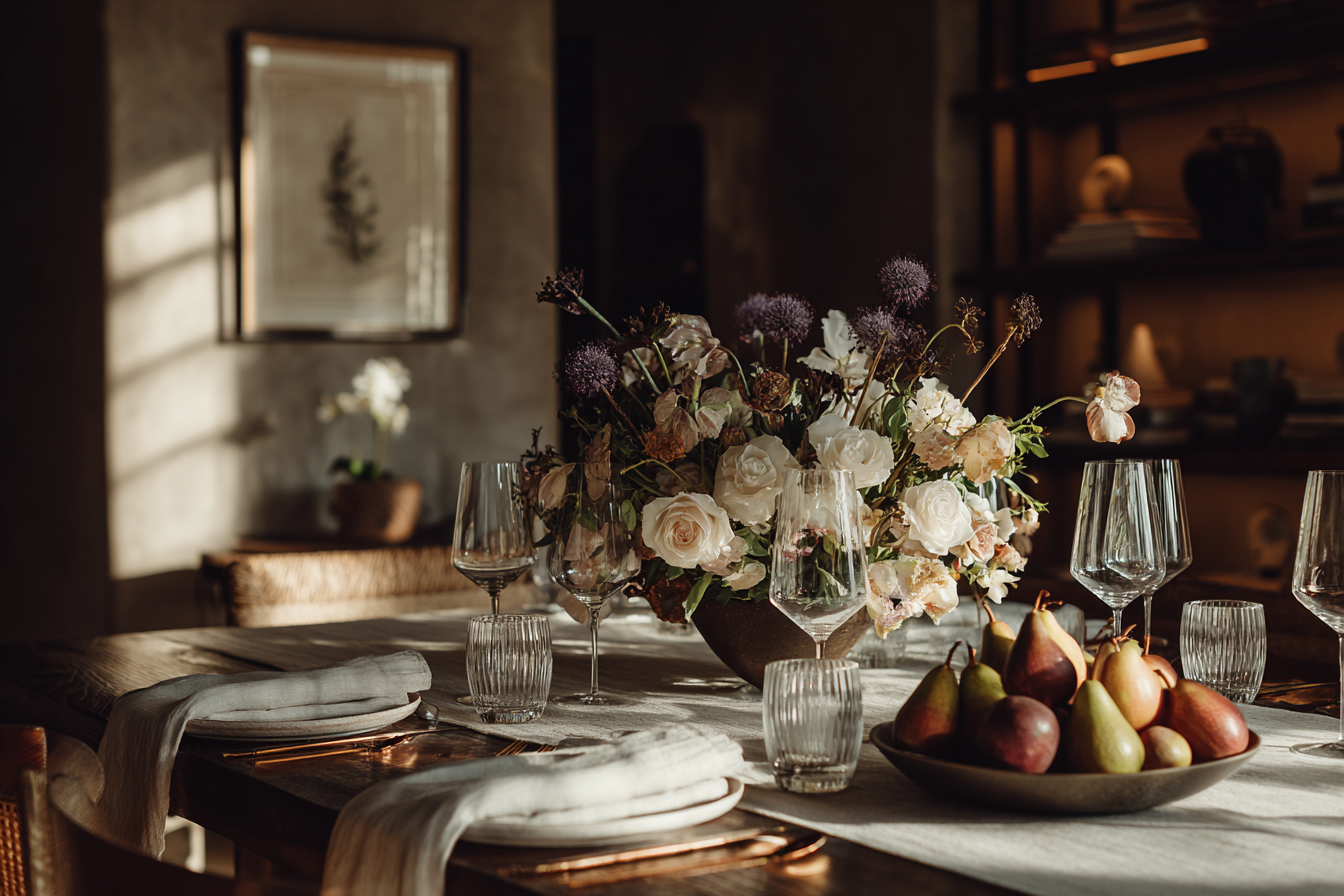 Dining table set with white napkins, wine glasses, a floral centerpiece, and a bowl of assorted pears.