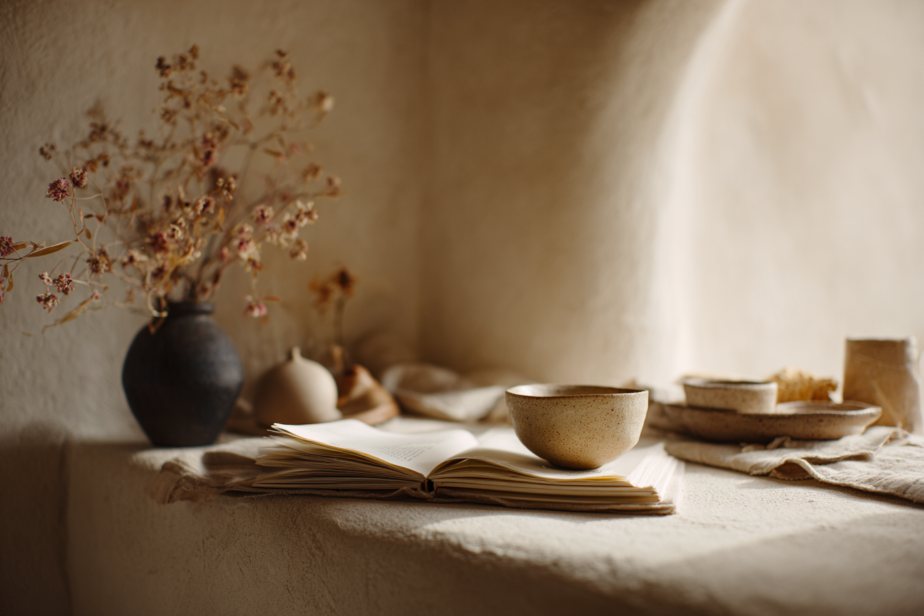 Rustic table with an open book, ceramic bowl, dried flowers in a vase, and pottery in warm light.