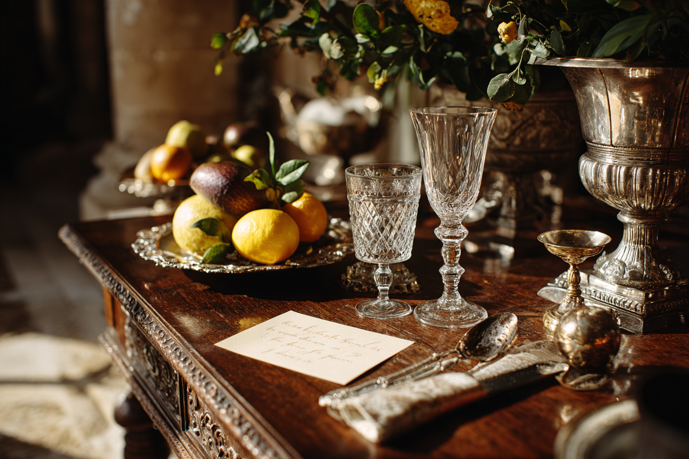 Ornate wooden table with crystal glasses, silver utensils, a note, and a plate of assorted fruits.