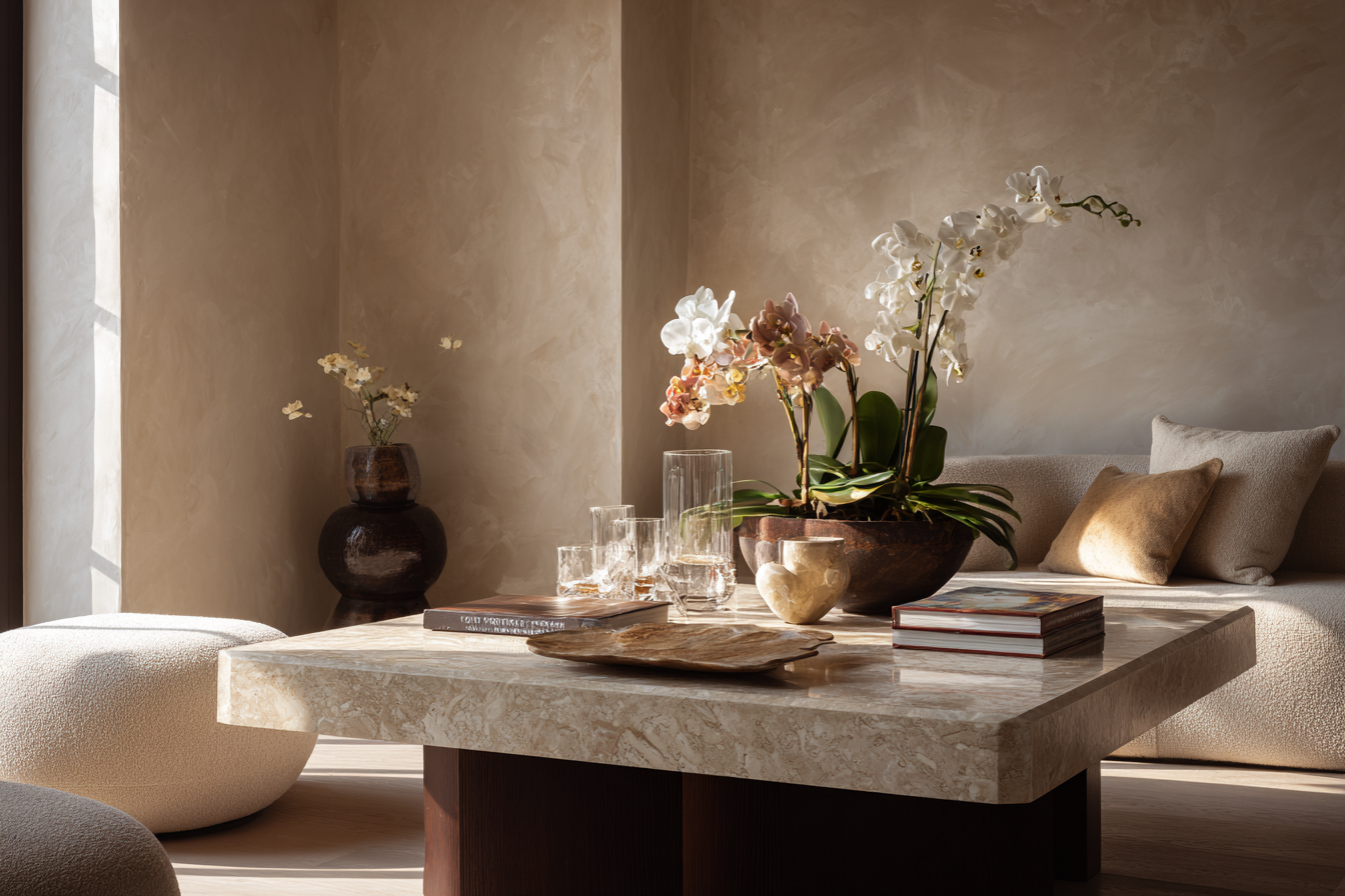 Cozy living room with marble coffee table holding orchids, glassware, books, and decorative tray by sofa.