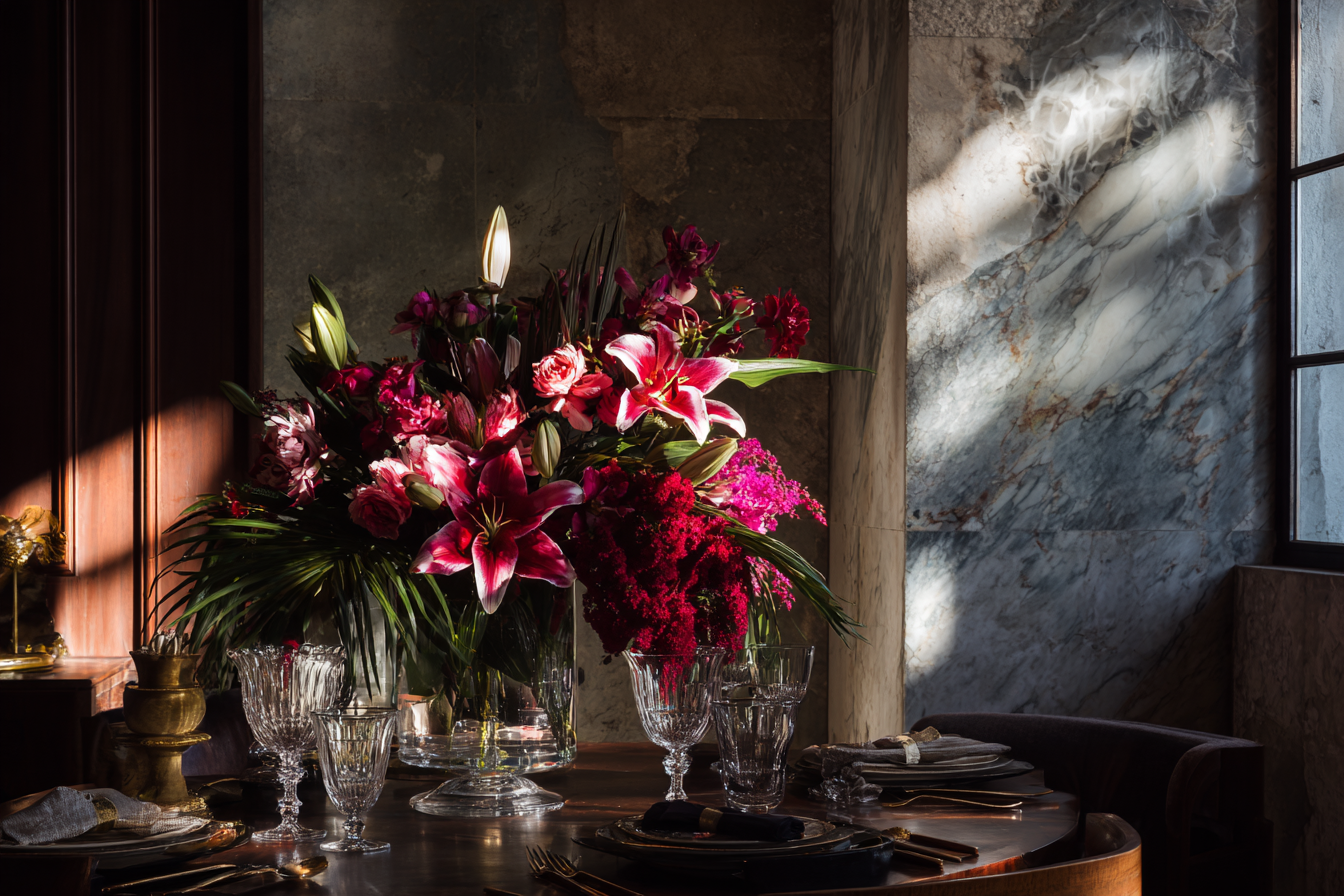 Elegant dining table with pink flowers in a vase and crystal glassware in soft natural light.