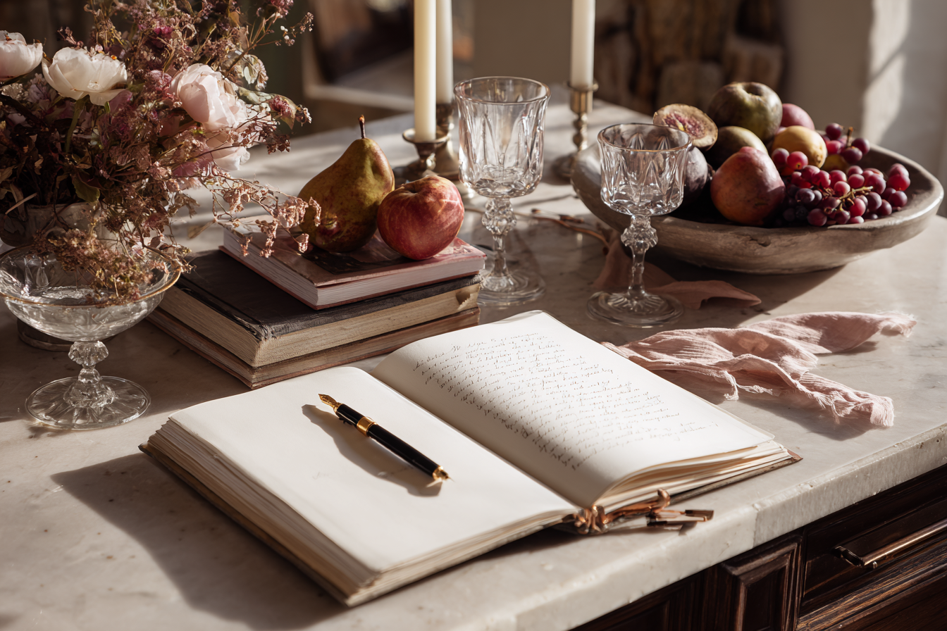 Open book with fountain pen on table, surrounded by fruits, glassware, candles, and flowers in soft light.