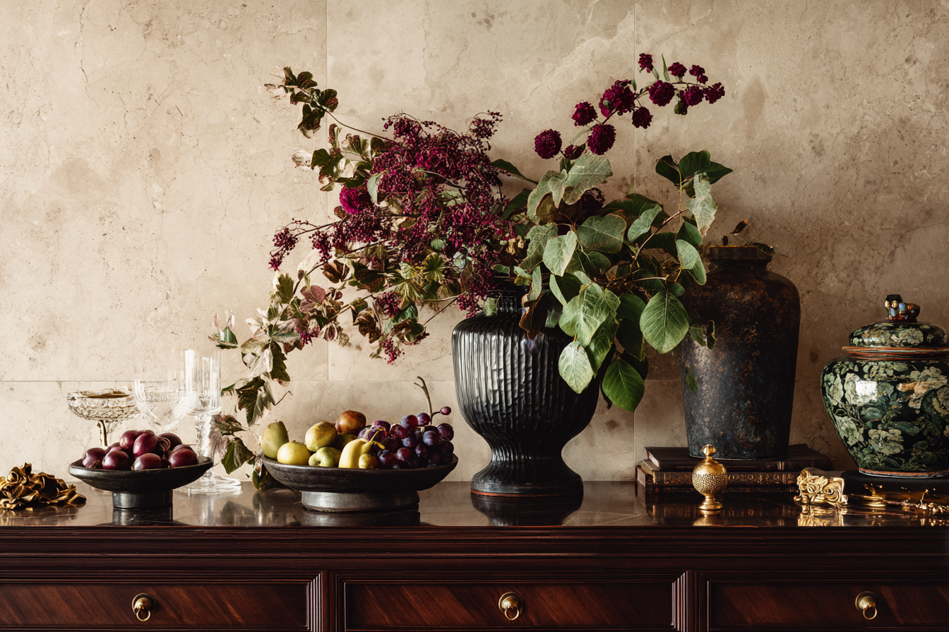 Wooden sideboard with fruit bowls, glassware, vases with flowers, and decorative ceramic jars.