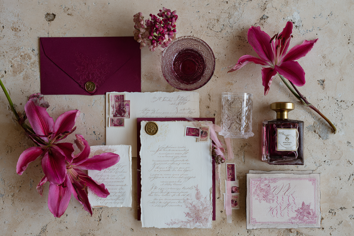 Flat lay of pink lilies, vintage letters, a glass, and a perfume bottle on stone surface.